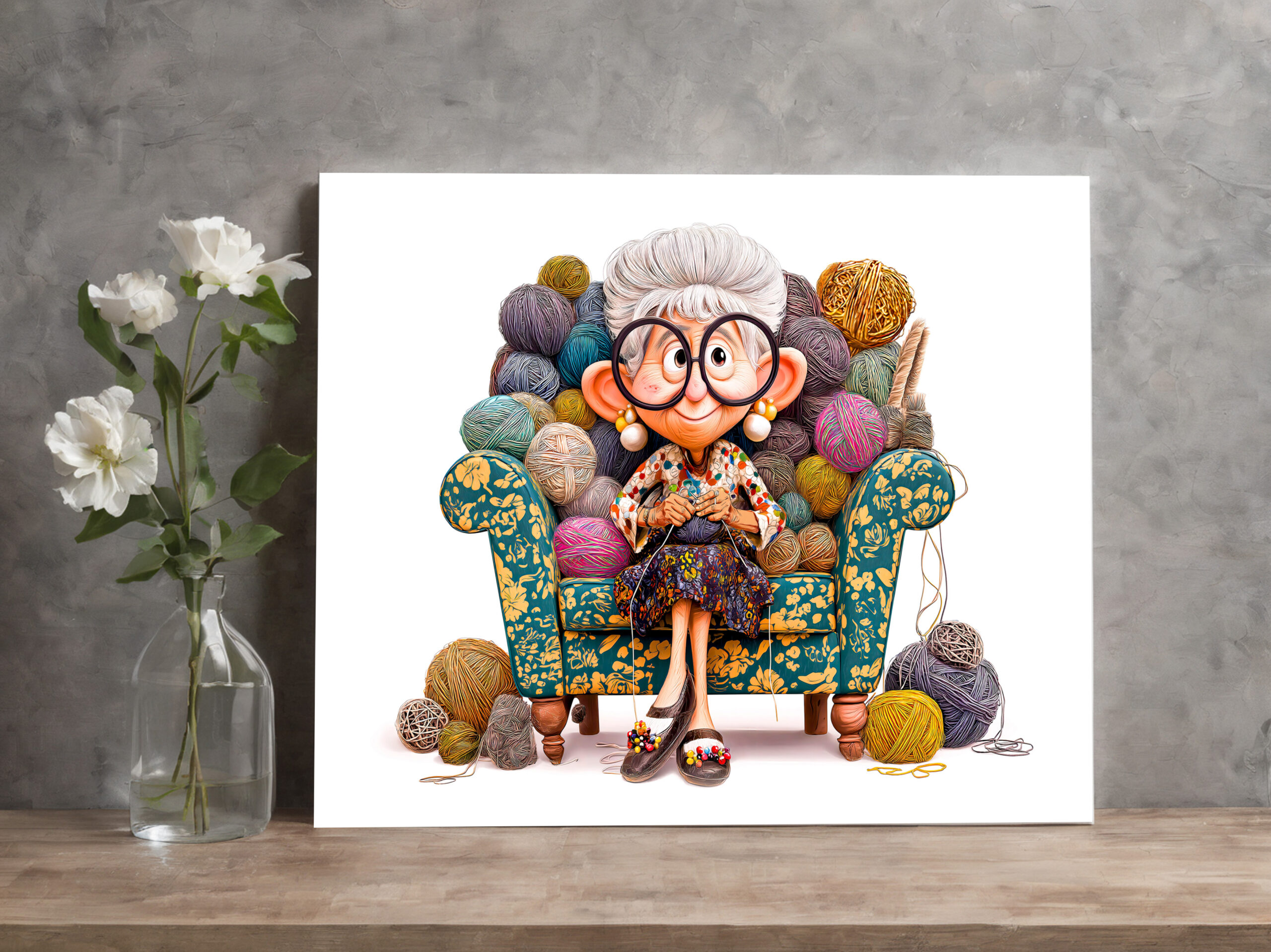 raxxa Canva: Elderly woman knitting happily surrounded by yarn balls – Bild 2