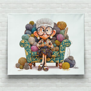 raxxa Canva: Elderly woman knitting happily surrounded by yarn balls