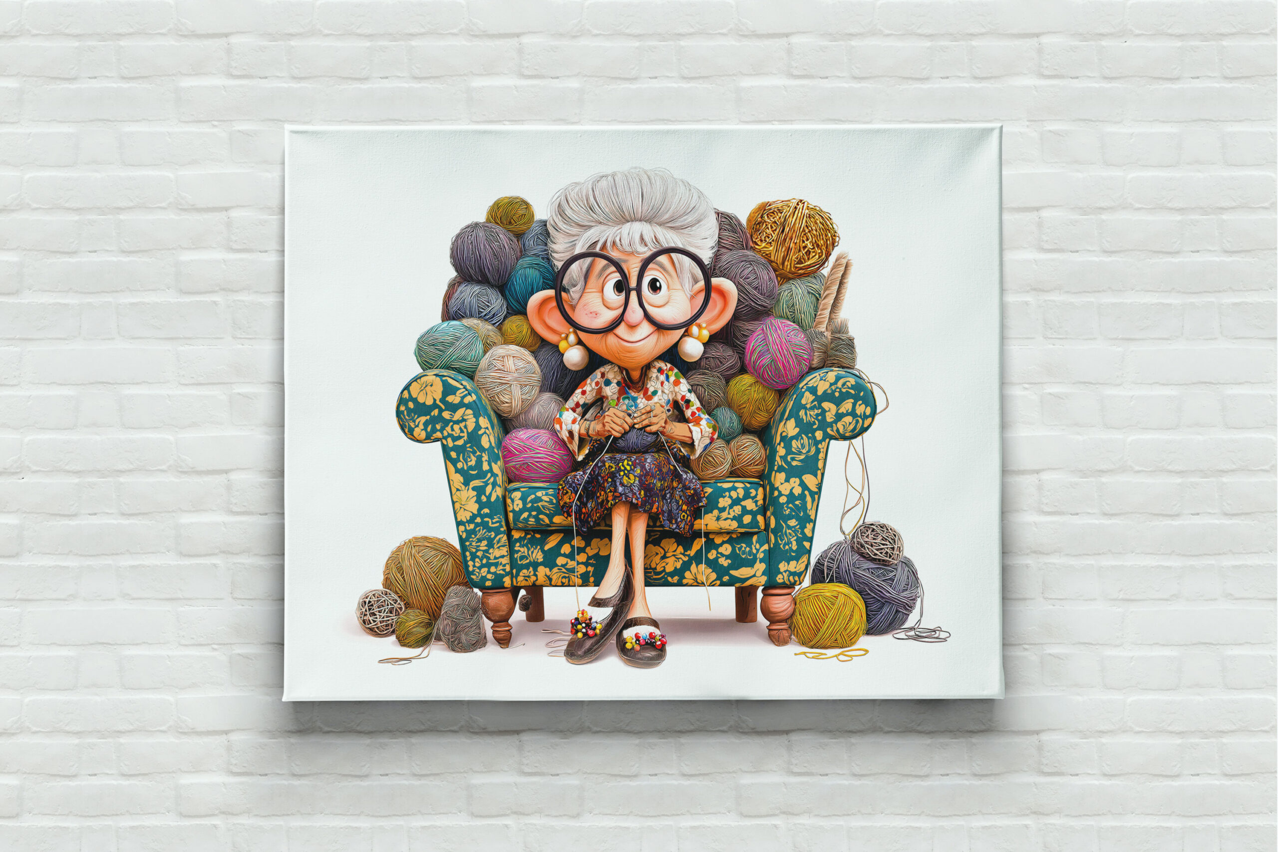 raxxa Canva: Elderly woman knitting happily surrounded by yarn balls