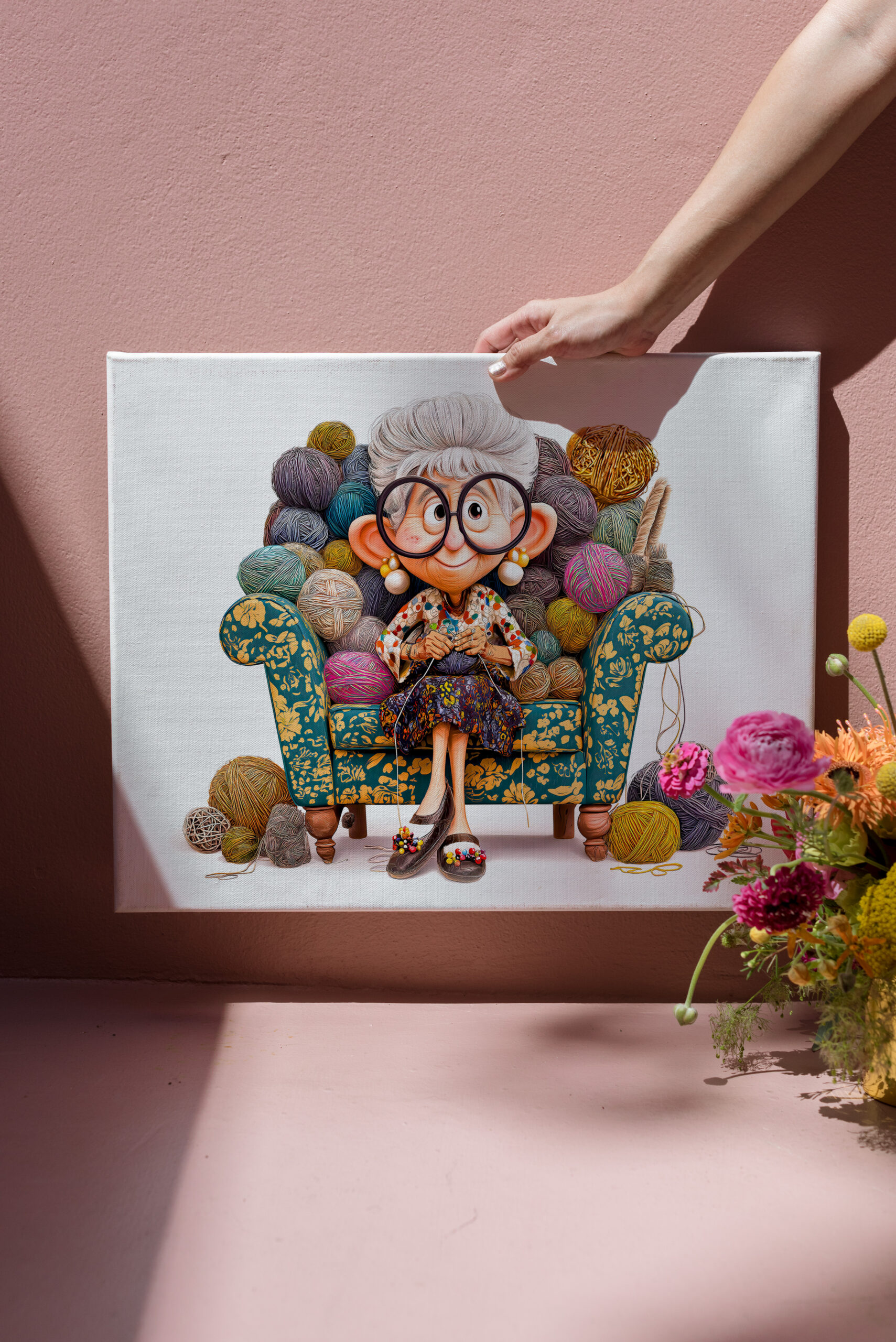 raxxa Canva: Elderly woman knitting happily surrounded by yarn balls – Bild 3