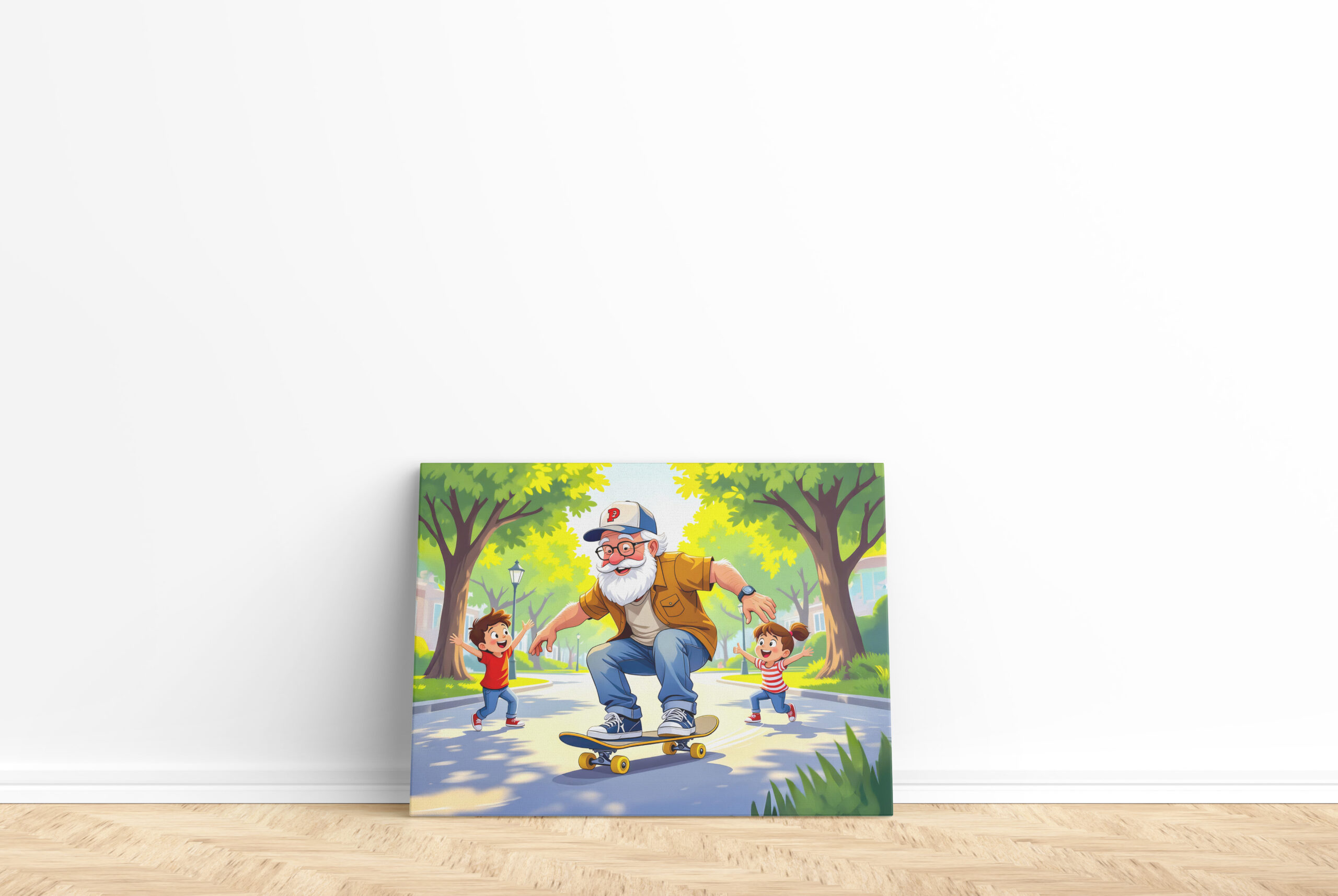 raxxa Canva: Grandpa practicing skateboarding with grandson watching – Image 2