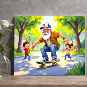 raxxa Canva: Grandpa practicing skateboarding with grandson watching