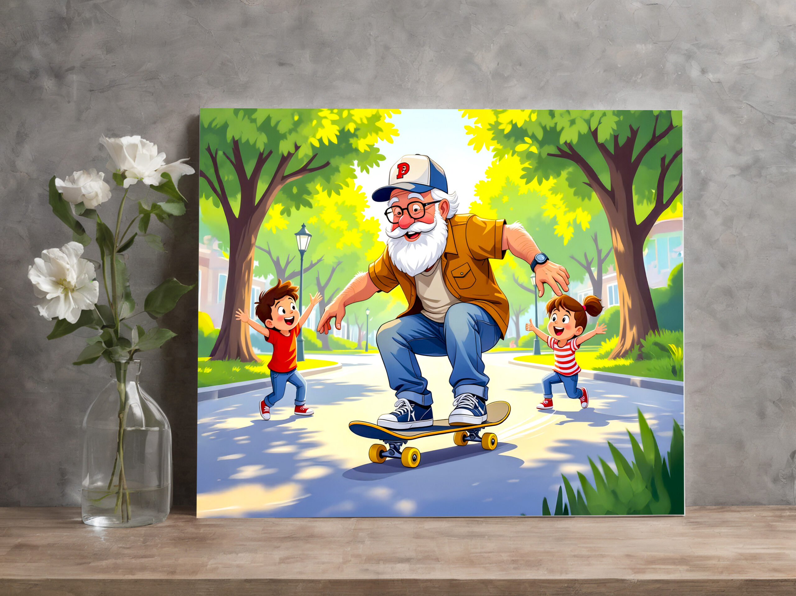 raxxa Canva: Grandpa practicing skateboarding with grandson watching