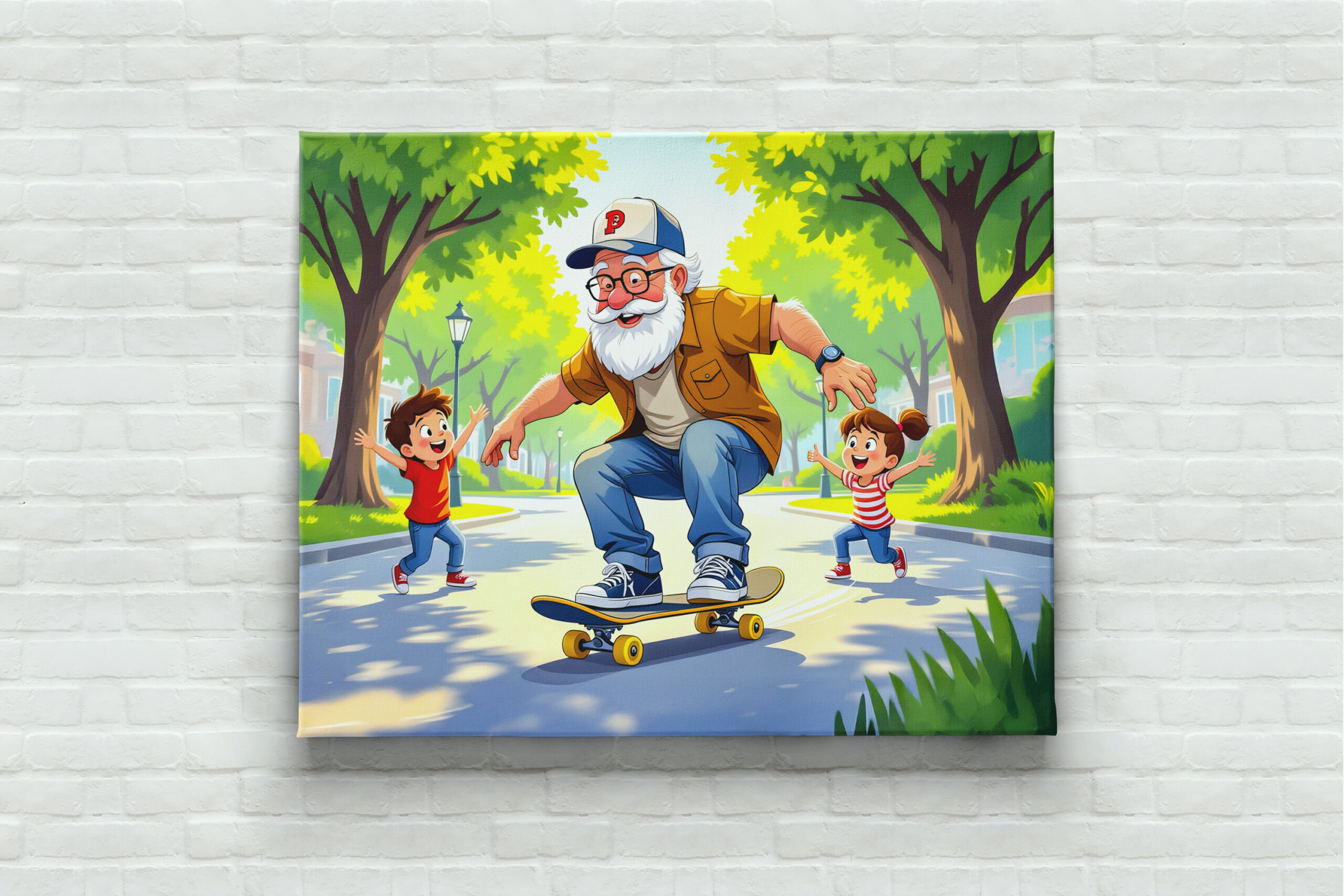 raxxa Canva: Grandpa practicing skateboarding with grandson watching – Image 3
