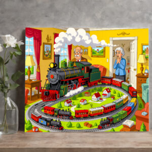 raxxa Canva: Grandpa with steam train on huge model railway