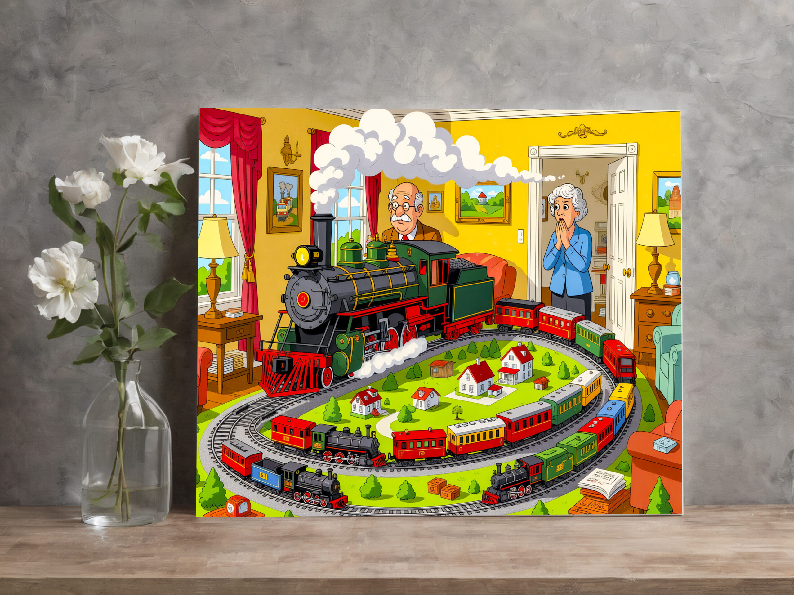 raxxa Canva: Grandpa with steam train on huge model railway