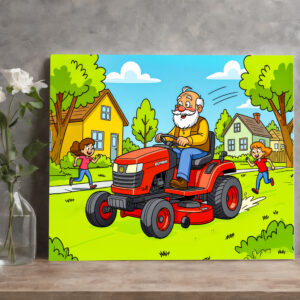 raxxa Canva: Grandpa mowing the lawn on a ride-on tractor