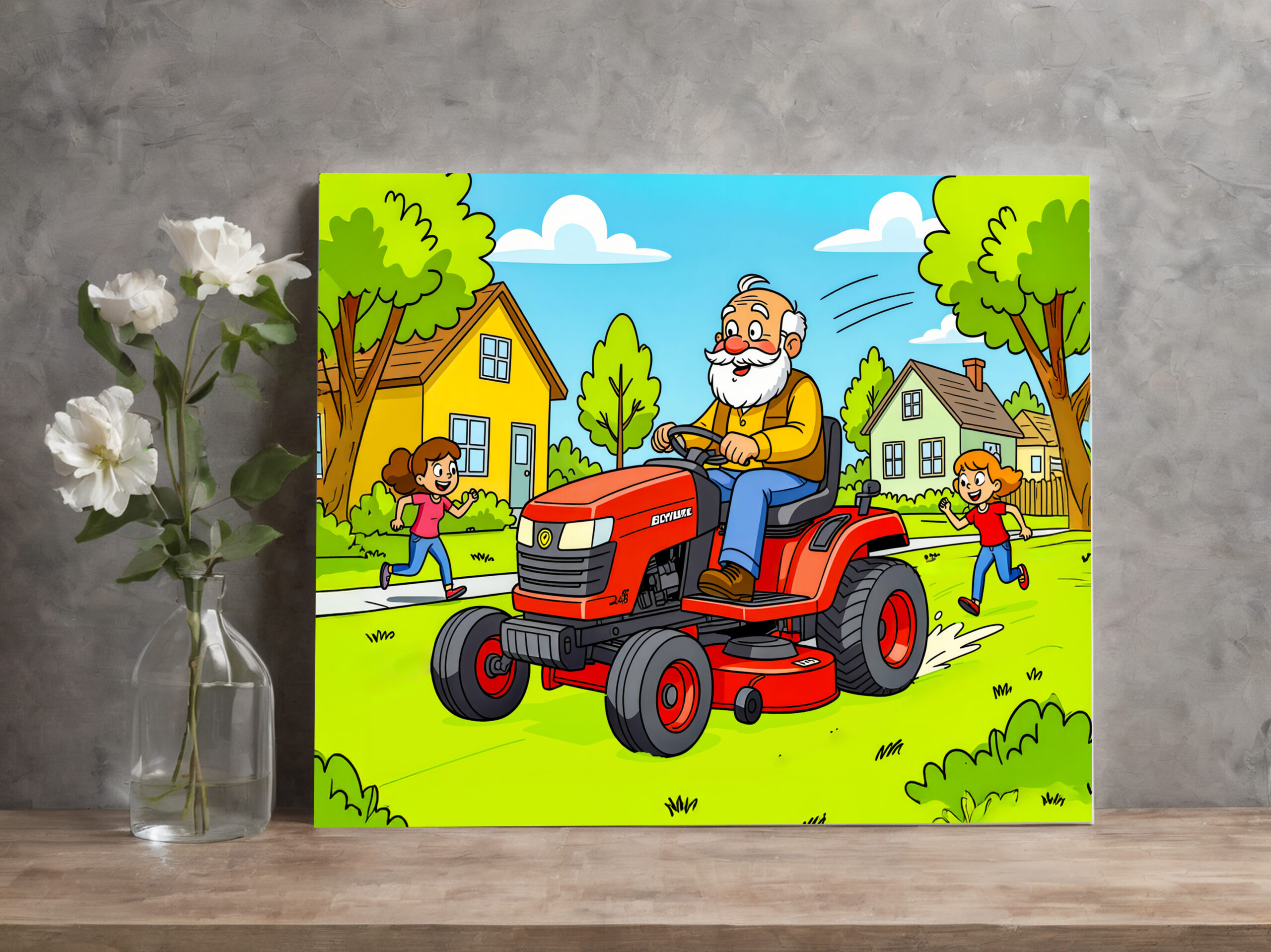 raxxa Canva: Grandpa mowing the lawn on a ride-on tractor