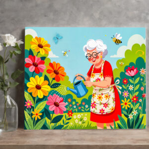 raxxa Canva: Grandmother Watering Garden Illustration