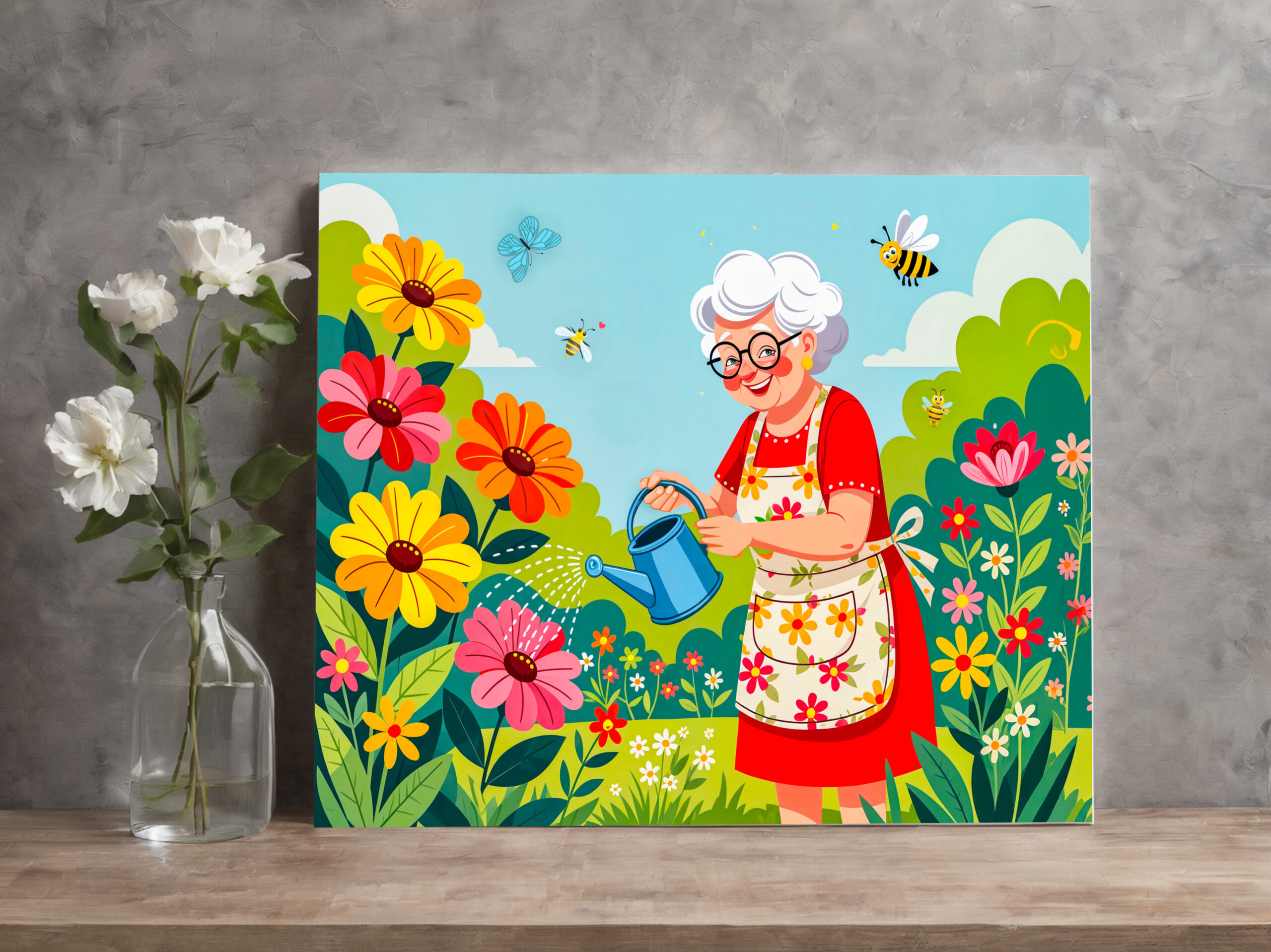 raxxa Canva: Grandmother Watering Garden Illustration