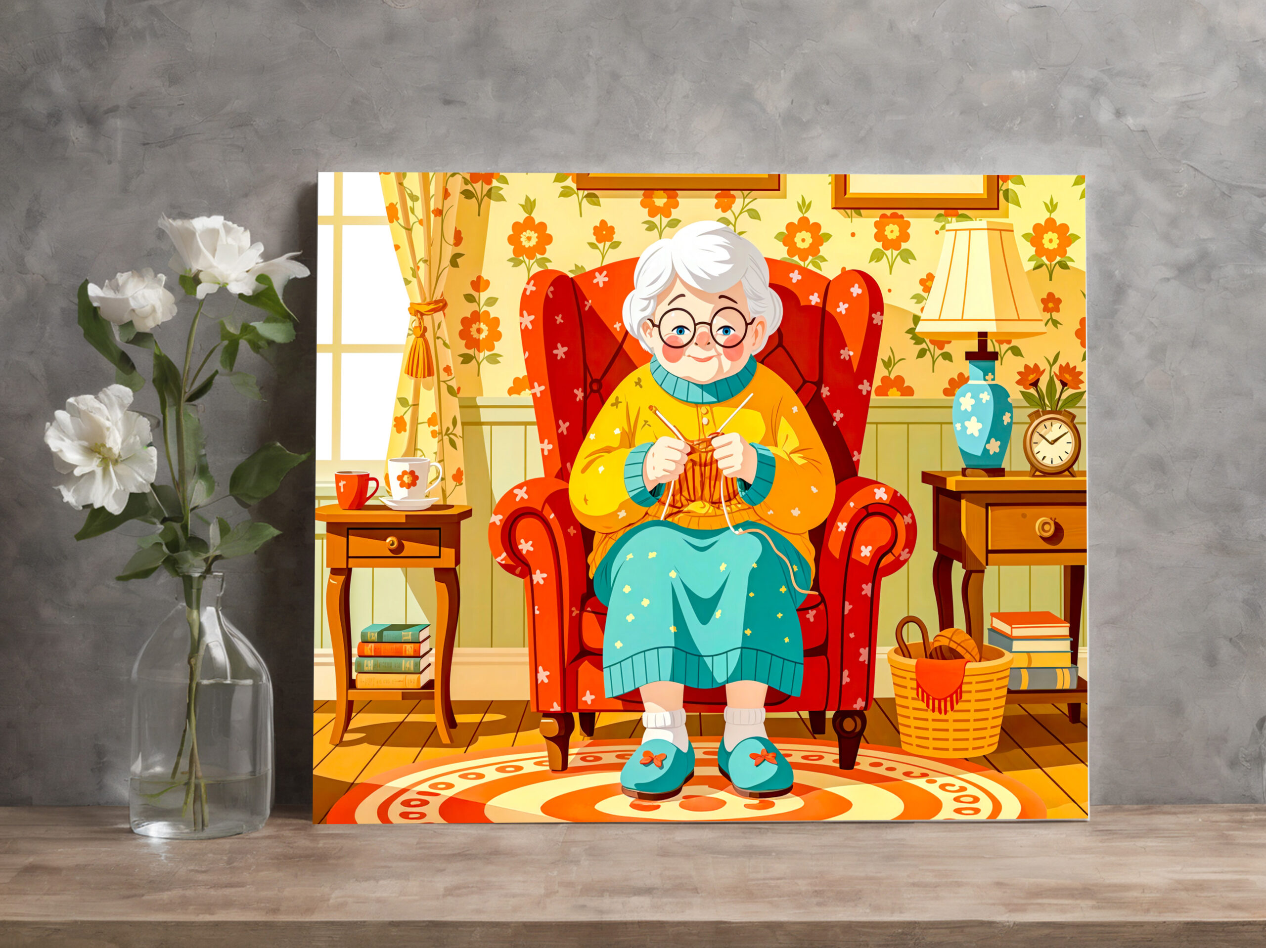 raxxa Canva: Grandmother knitting in Armchair – Illustration - immagine 2