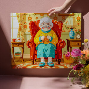 raxxa Canva: Grandmother knitting in Armchair – Illustration