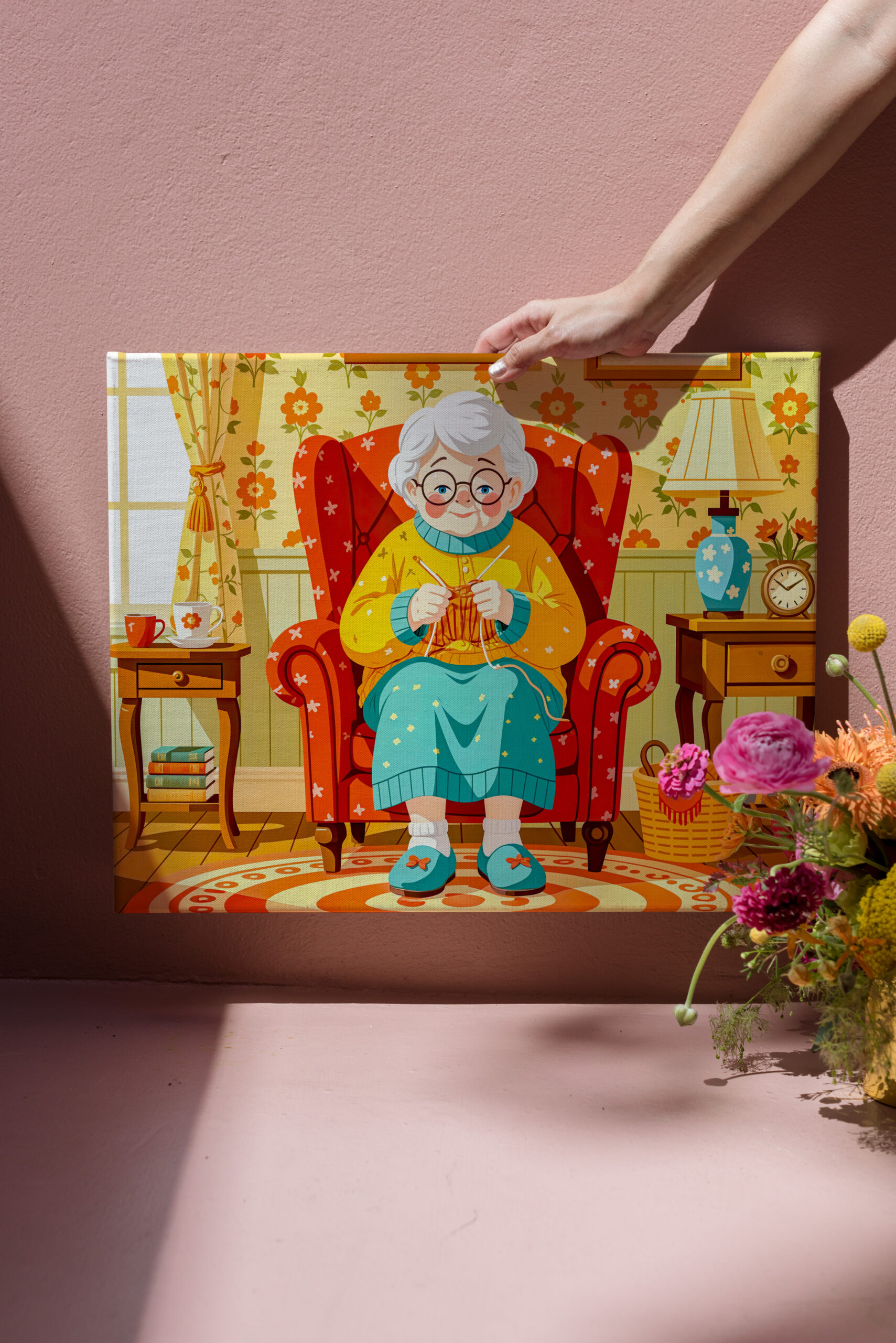 raxxa Canva: Grandmother knitting in Armchair – Illustration