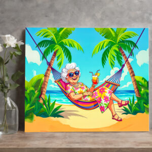 raxxa Canva: Grandmother in Hammock with Cocktail Illustration