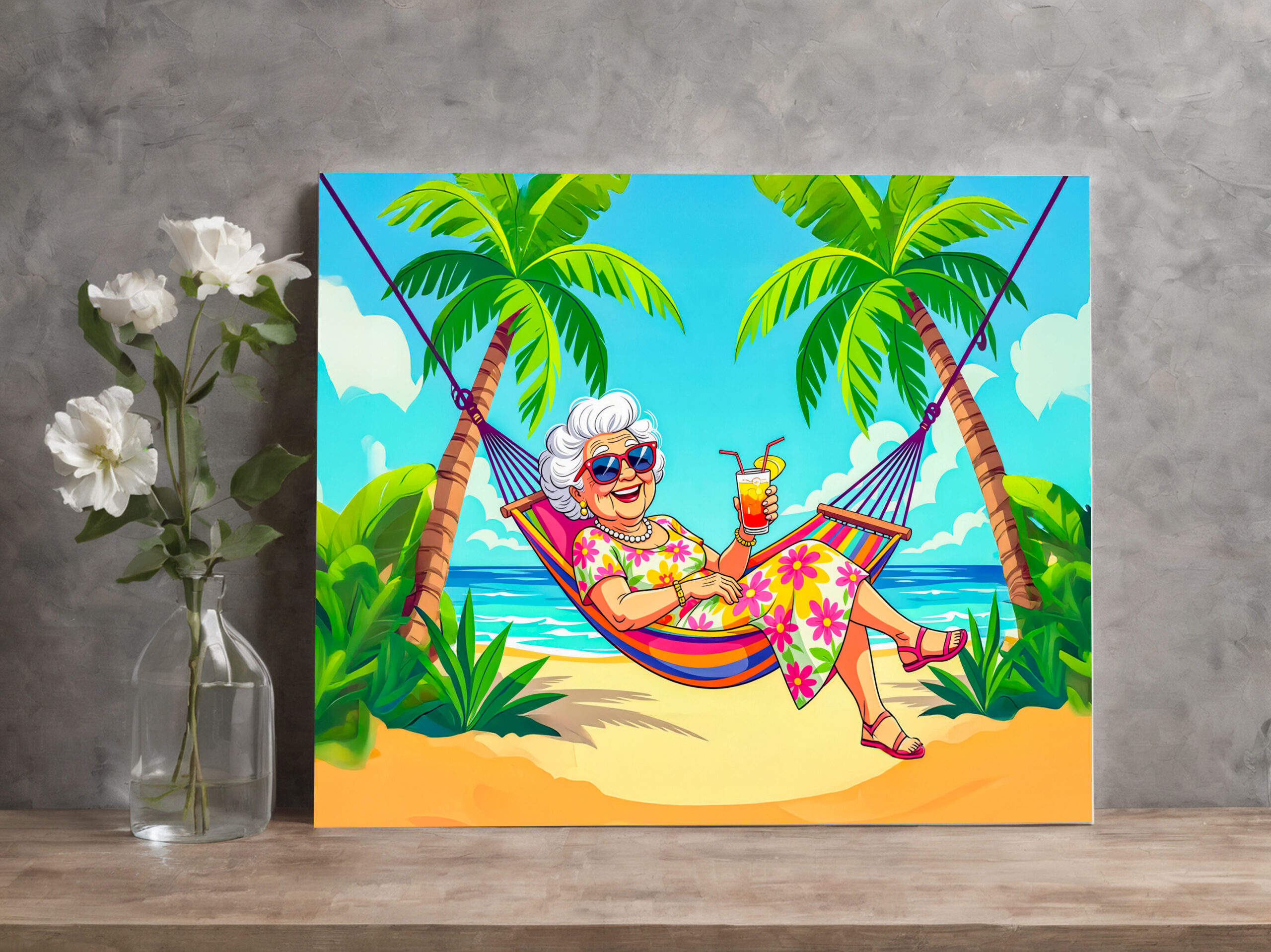 raxxa Canva: Grandmother in Hammock with Cocktail Illustration