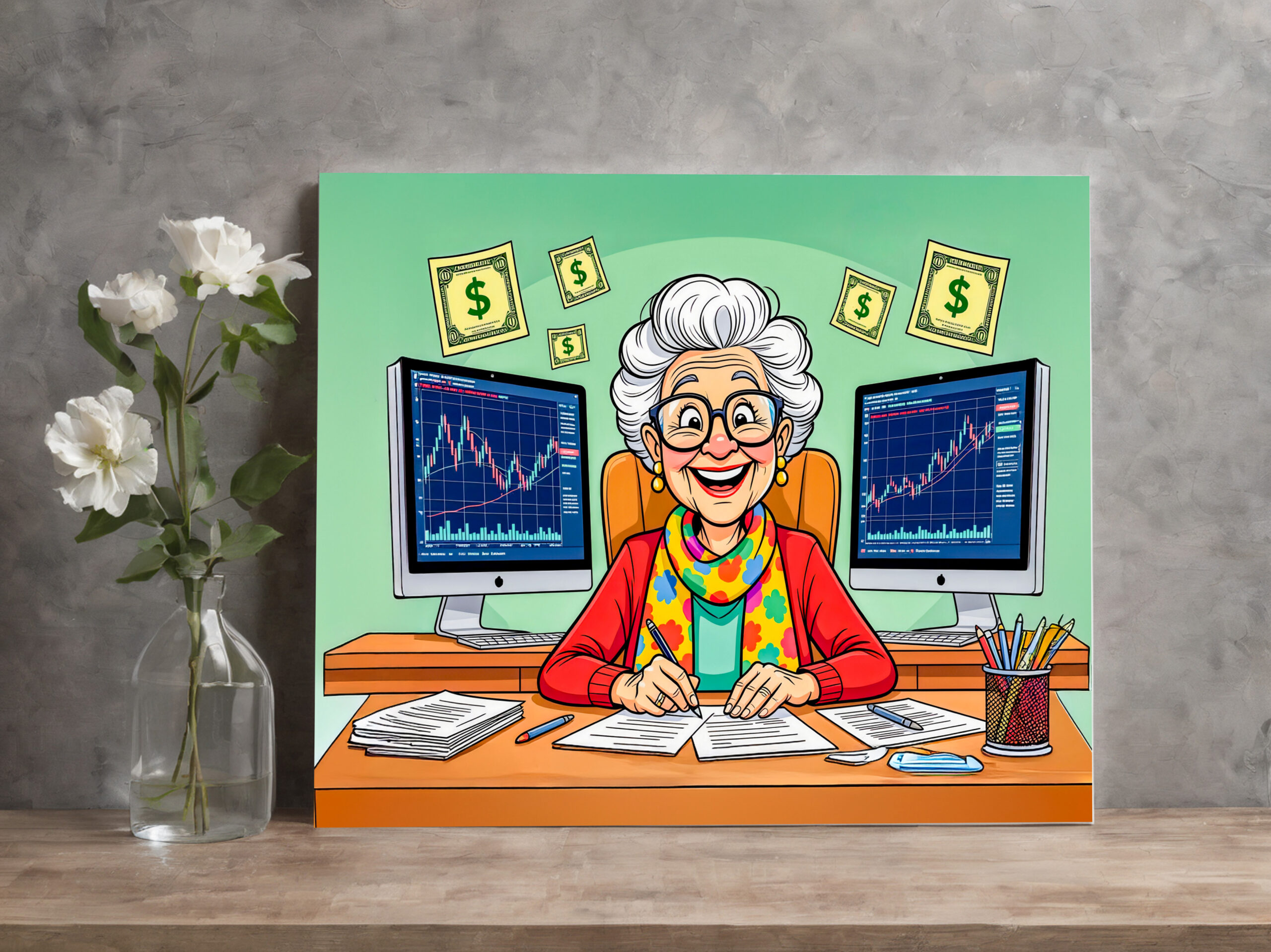 raxxa Canva: Grandmother Stock Trading Illustration – Image 2
