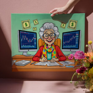 raxxa Canva: Grandmother Stock Trading Illustration