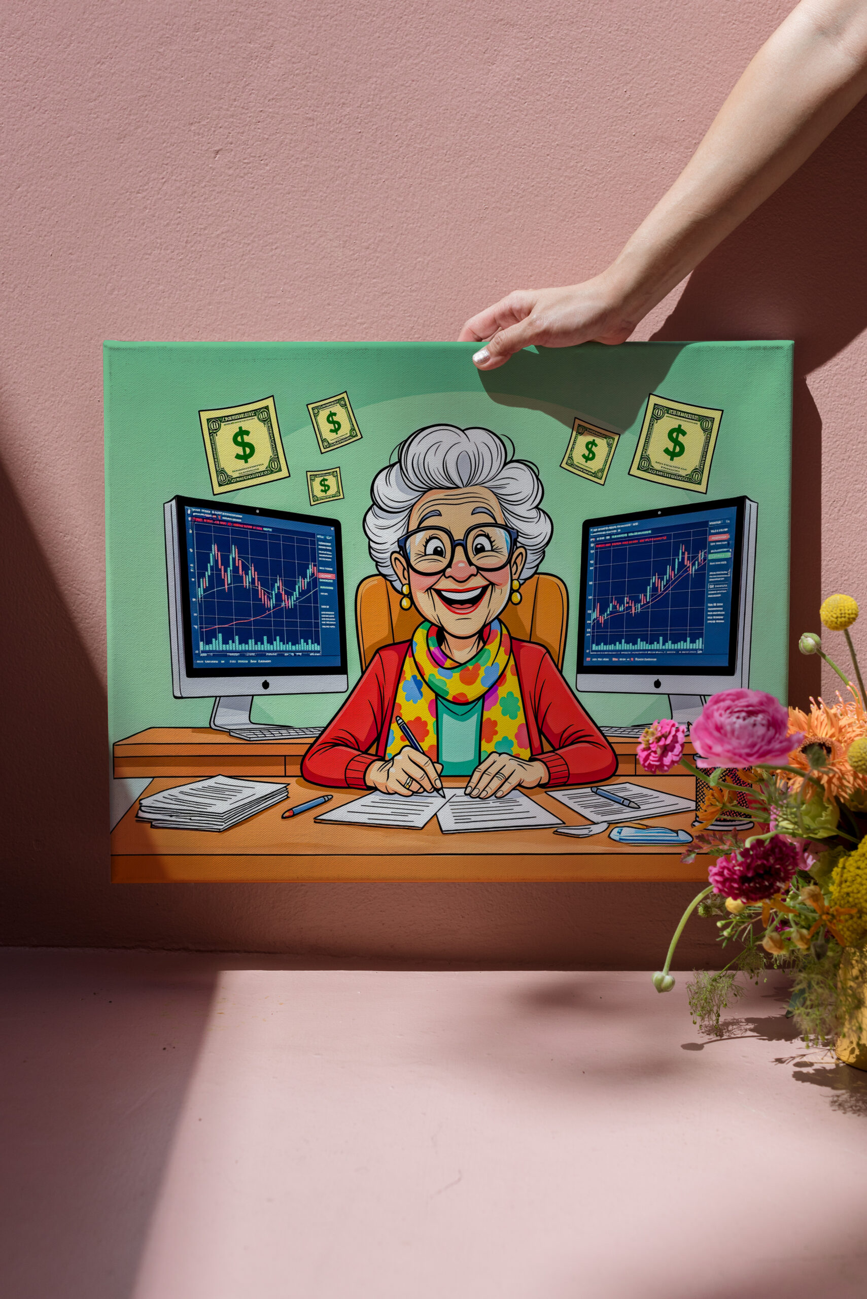 raxxa Canva: Grandmother Stock Trading Illustration