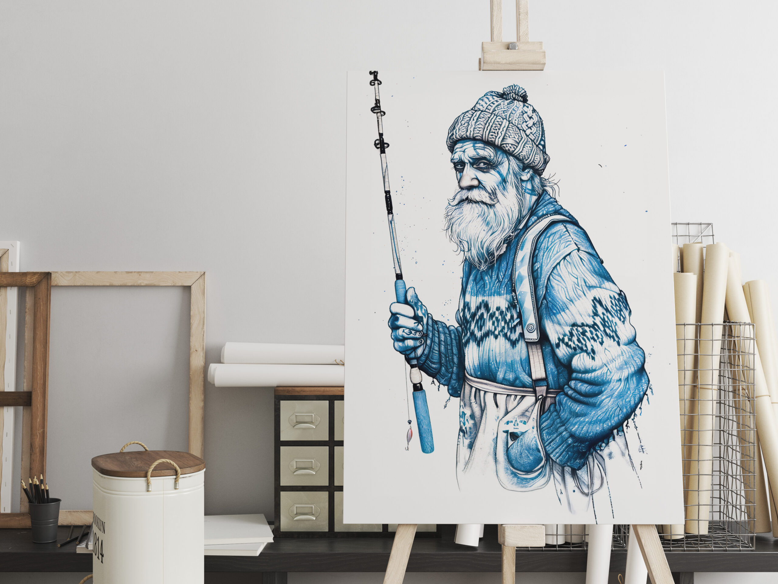 raxxa Canva: Elderly Sailor Standing Calm Holding Fishing Rod