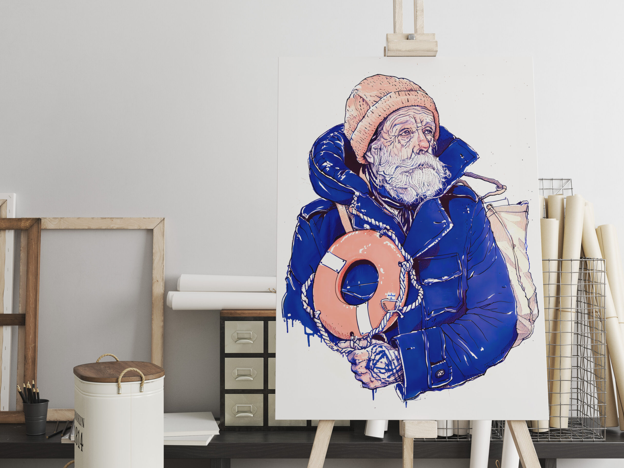 raxxa Canva: Sailor Holding Lifebuoy Wearing Orange Knit Cap