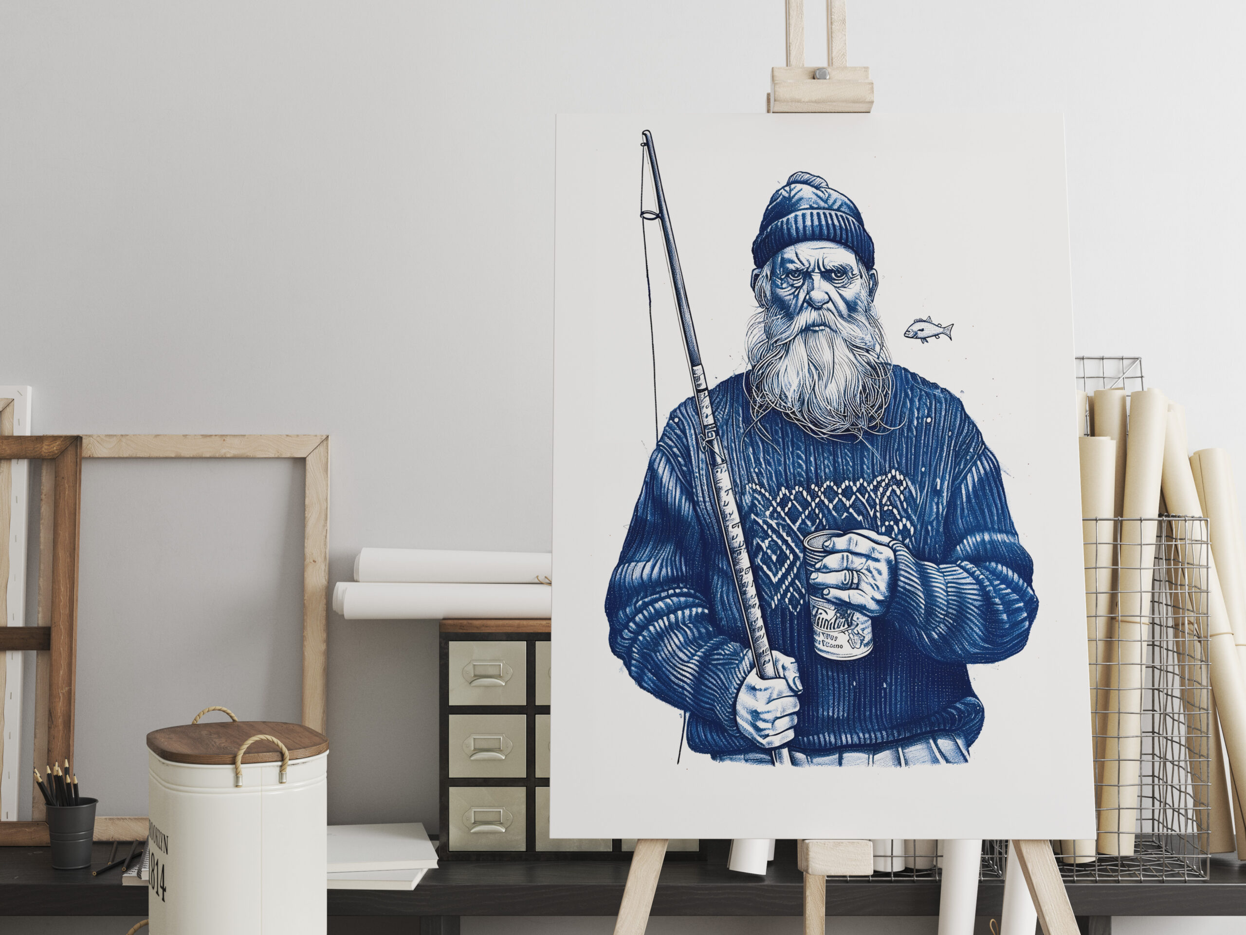 raxxa Canva: Elderly Sailor Holding Fishing Rod And Mug