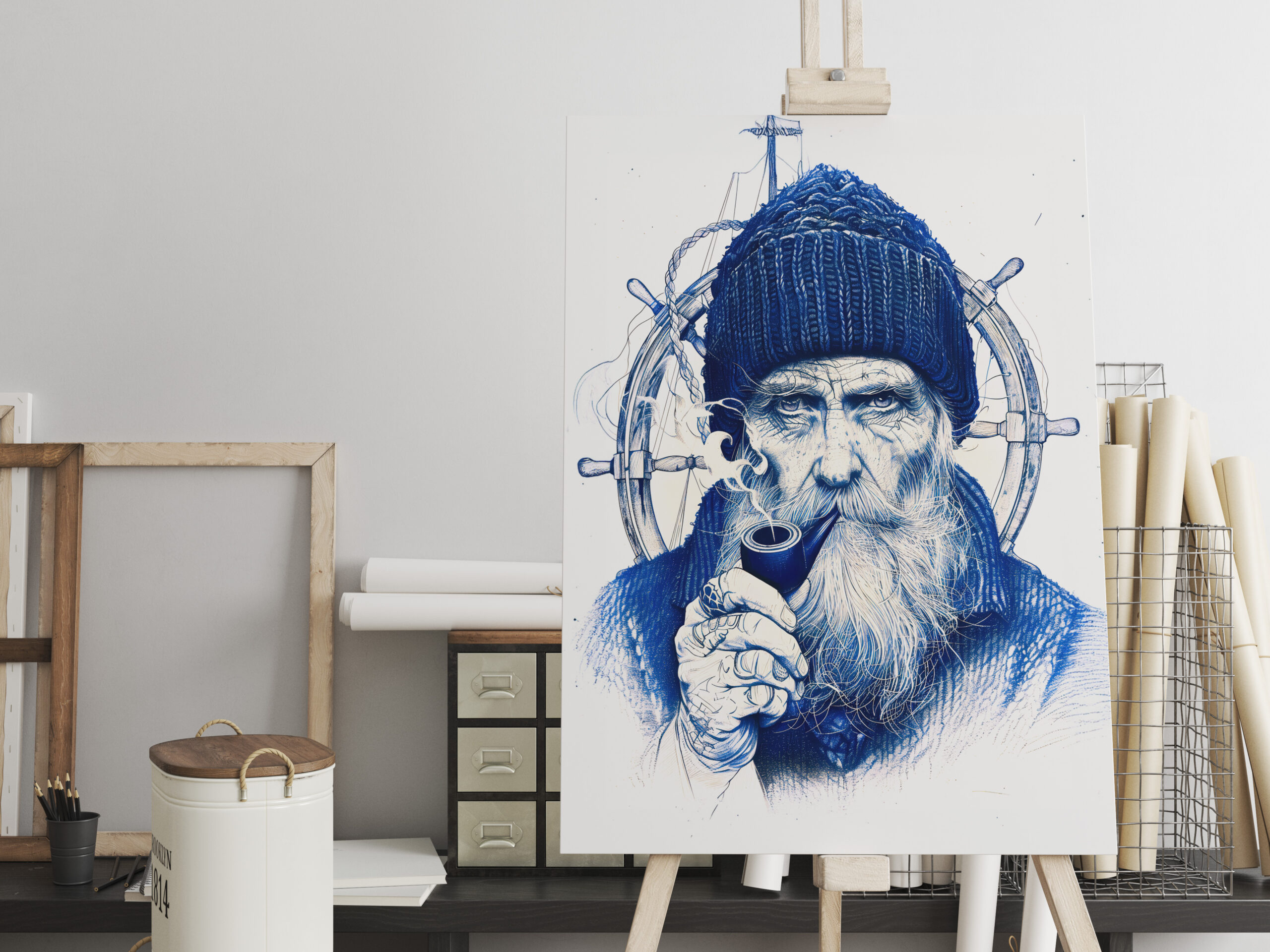 raxxa Canva: Sailor Steering Wooden Ship Wheel With Pipe
