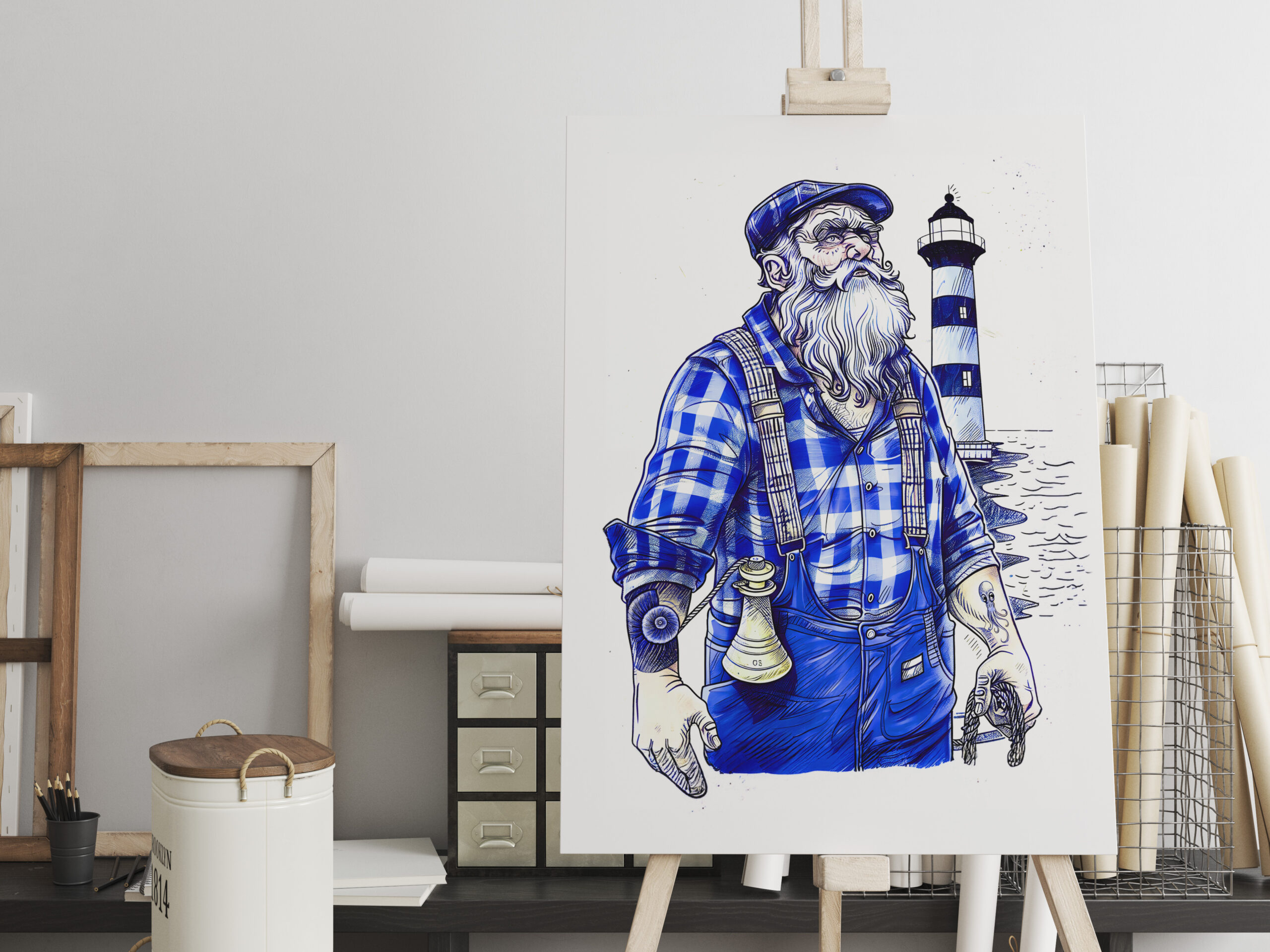 raxxa Canva: Sailor Holding Bell Standing Near Coastal Lighthouse