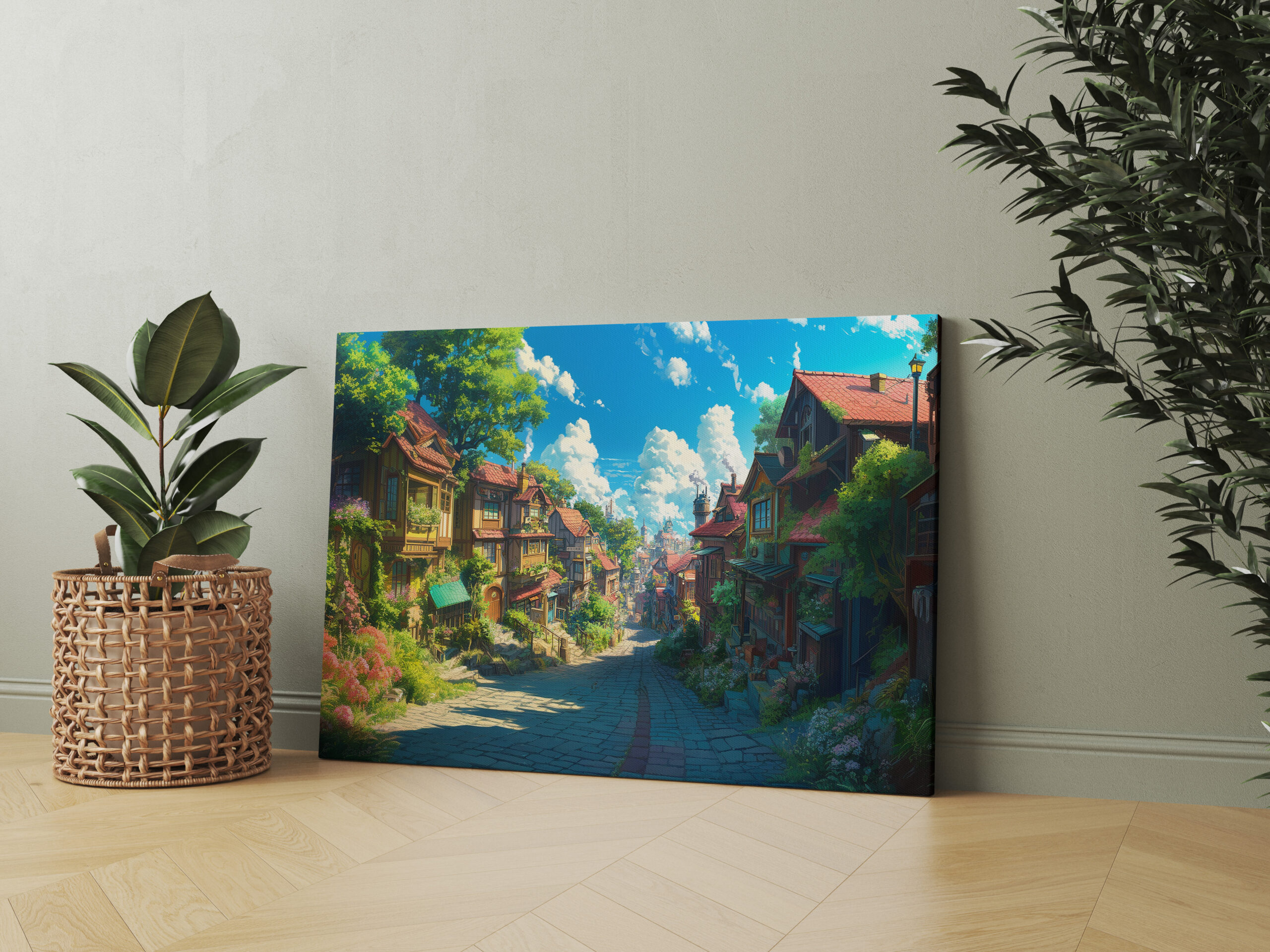 raxxa Canva: Weg durch ein Fantasy Dorf im Anime Stil