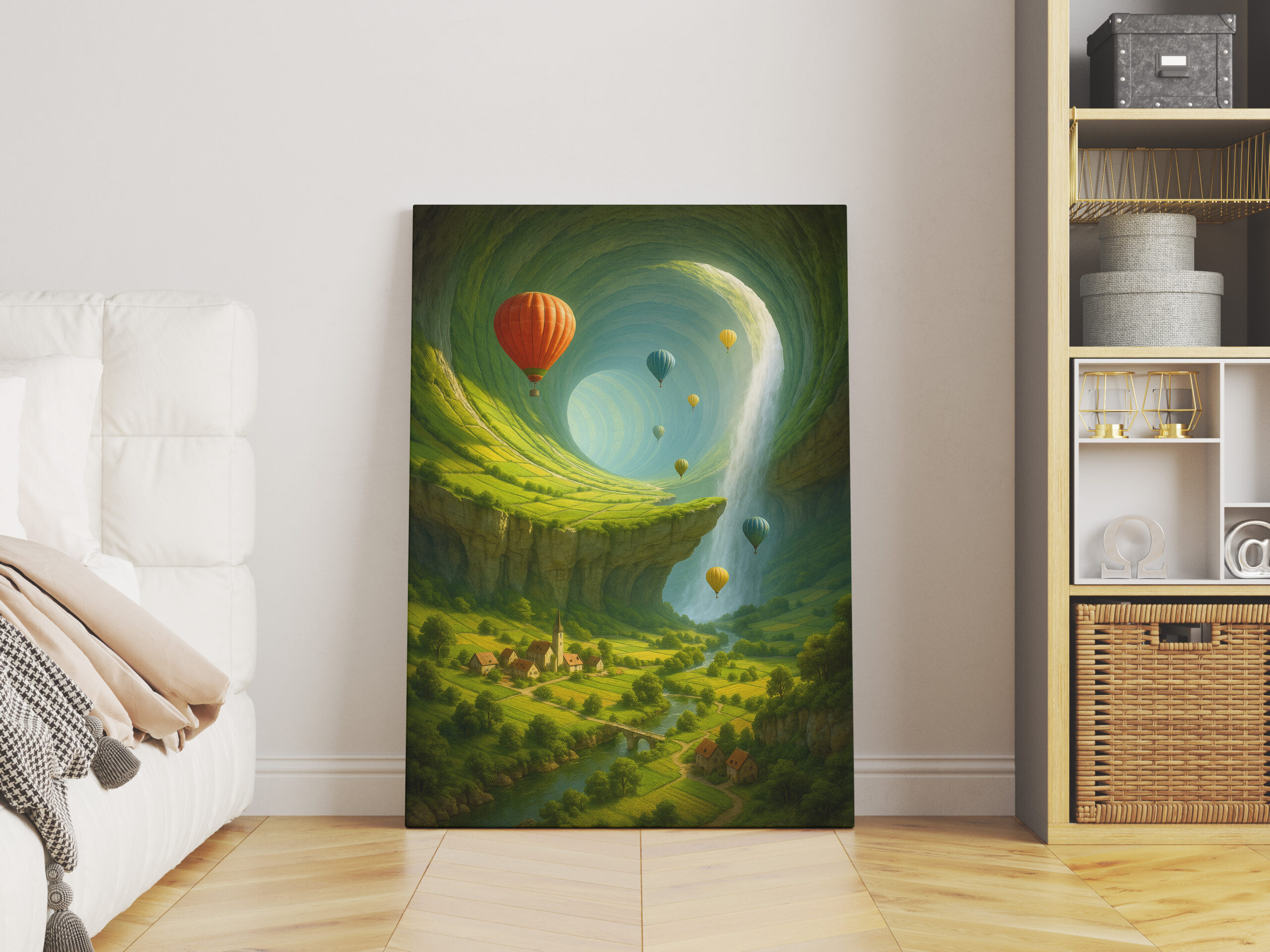 raxxa Canva: Tunnel-Tal mit Heißluftballons und Wasserfall
