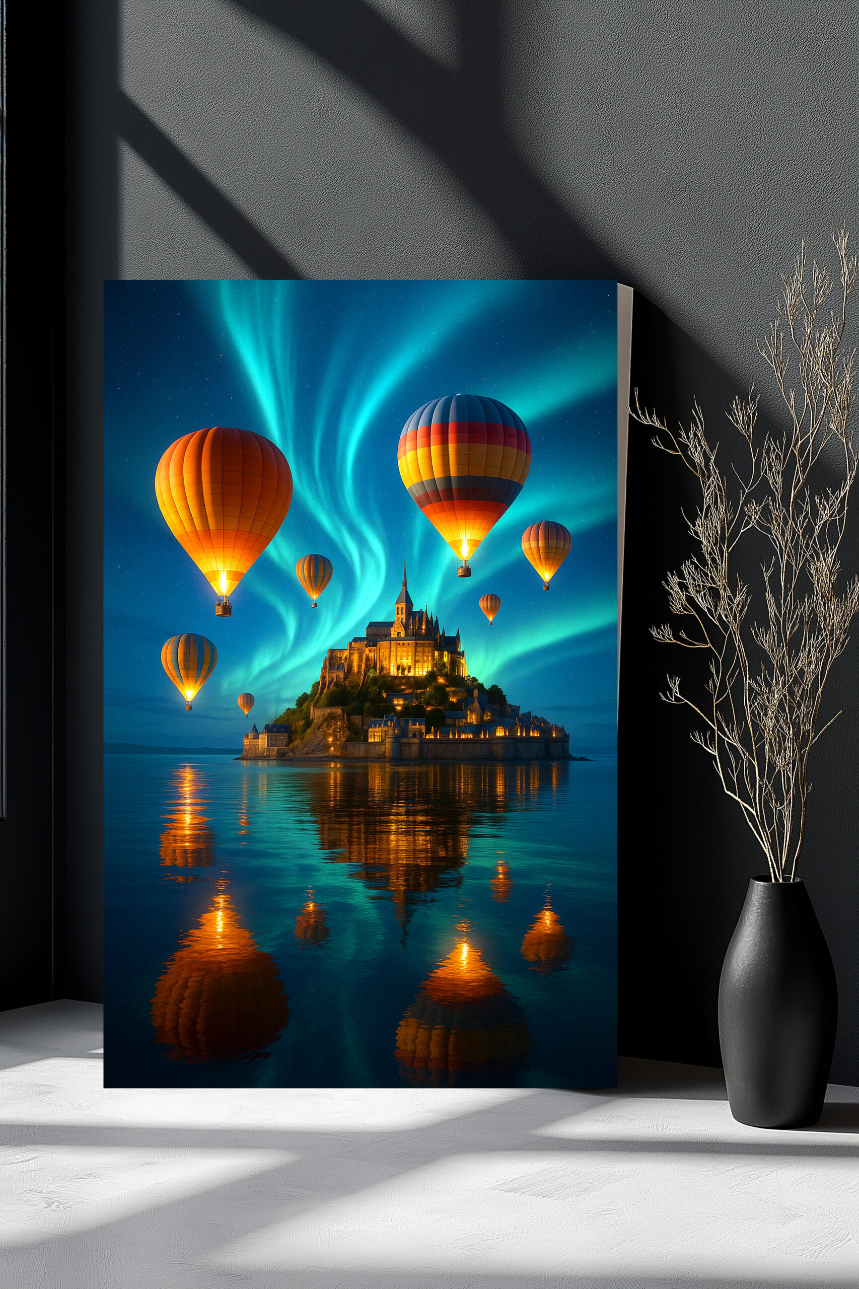 raxxa Canva: Leuchtende Ballons und Polarlichter über einer Burg im Wasser