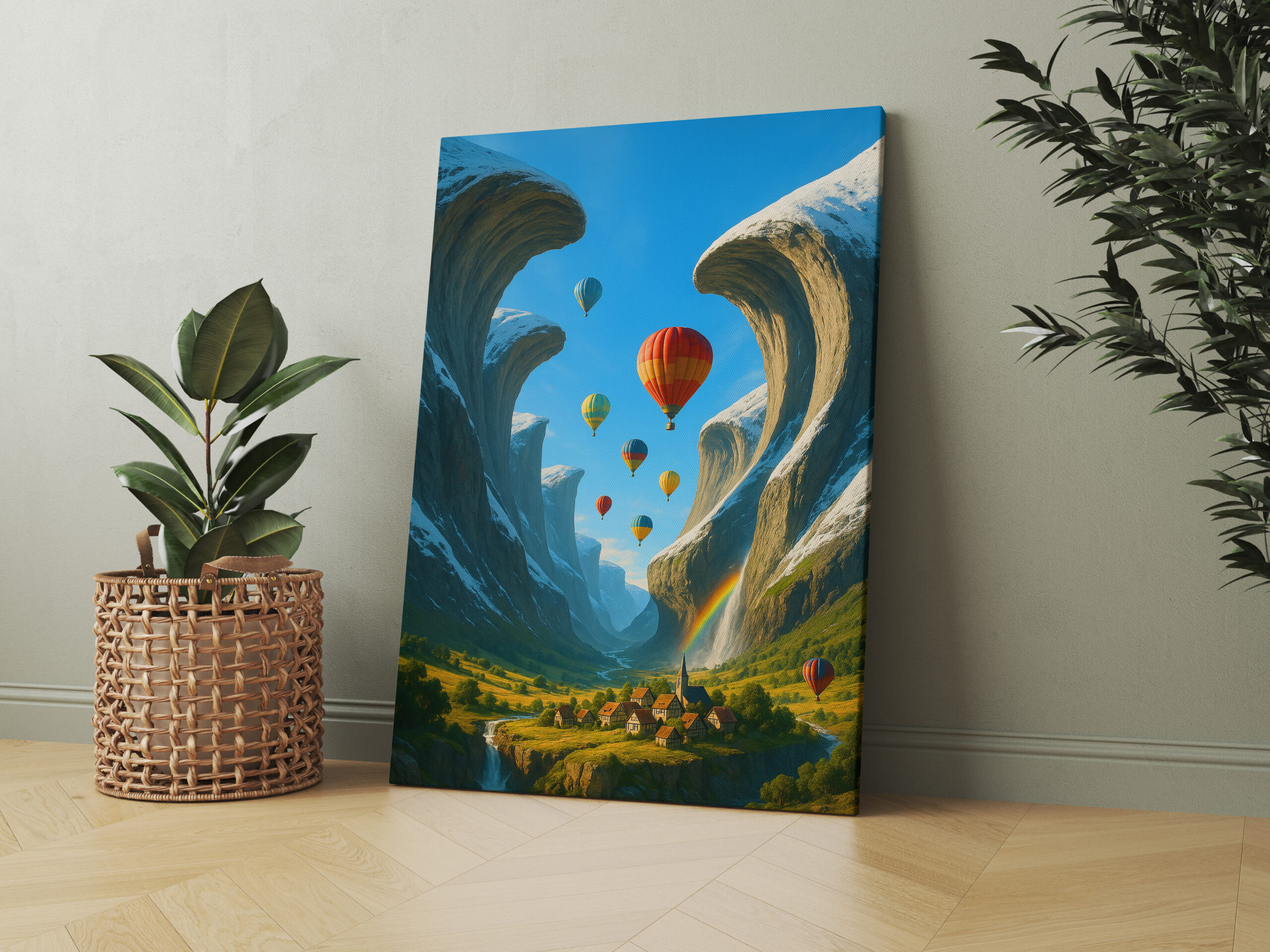 raxxa Canva: Fantasylandschaft mit spektakulären Felswänden und Heißluftballons