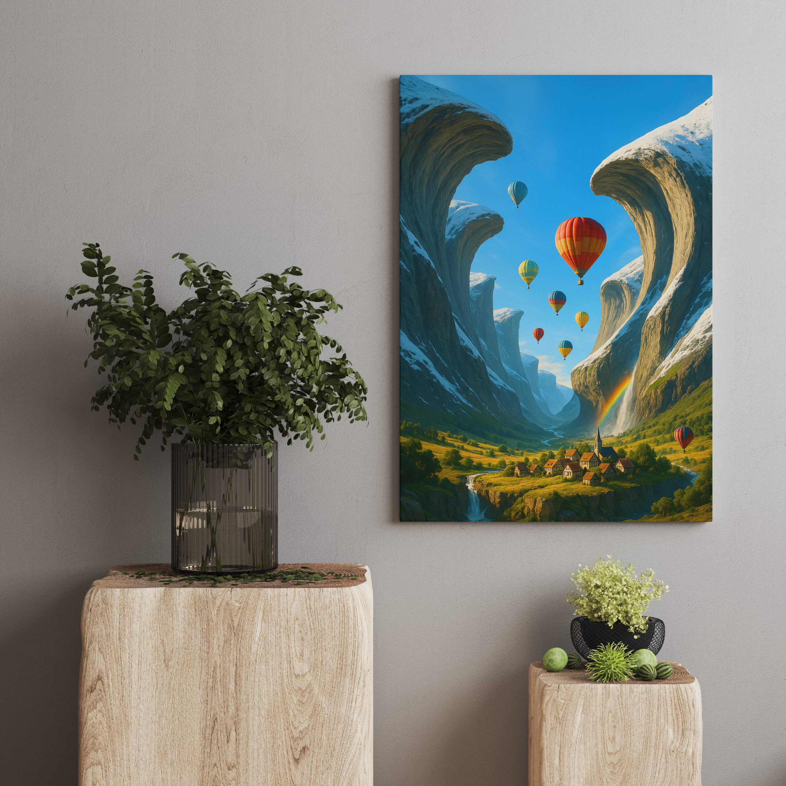 raxxa Canva: Fantasylandschaft mit spektakulären Felswänden und Heißluftballons - Imagen 2