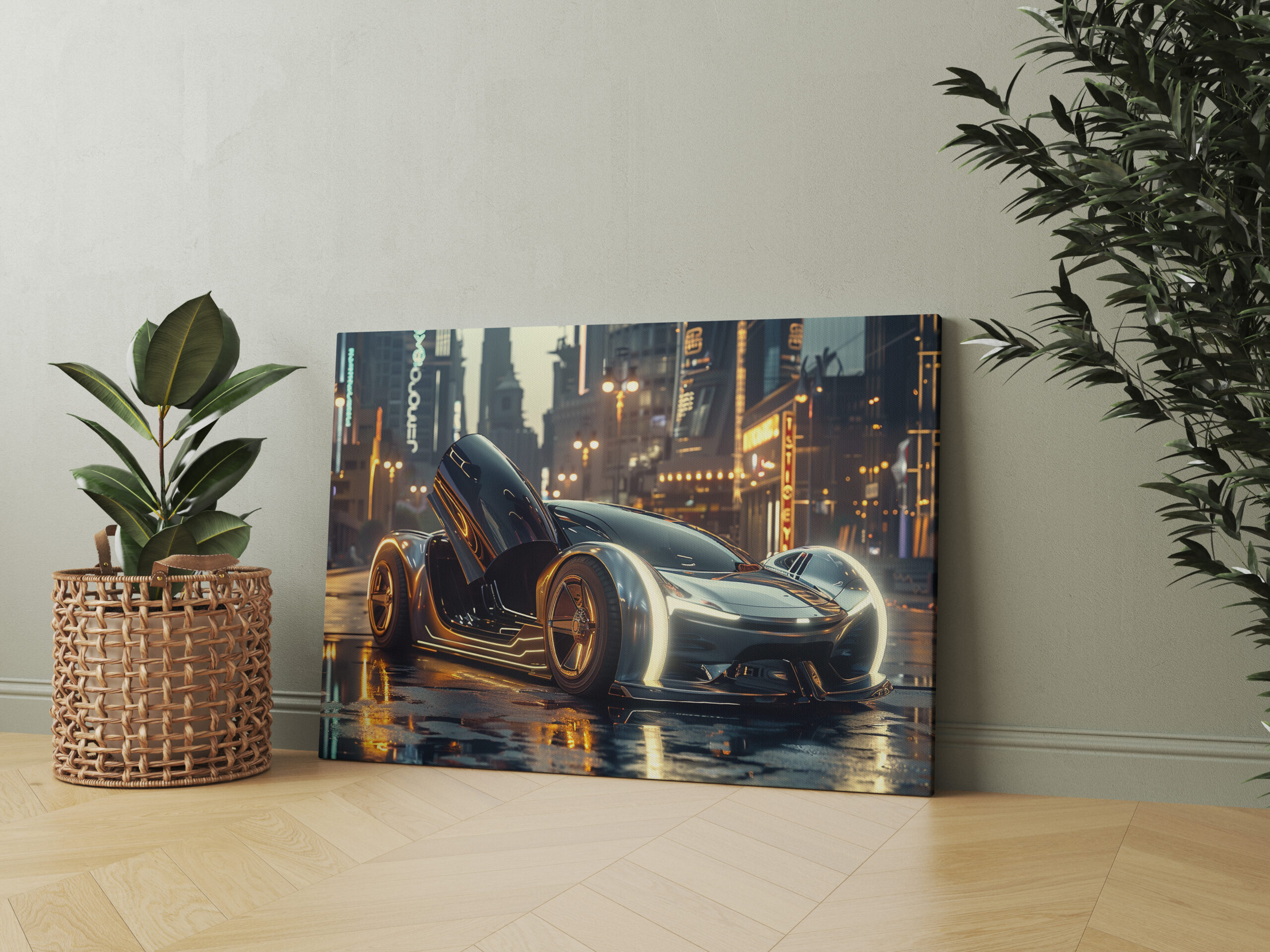 raxxa Canva: Futuristisches Luxusauto in Neonstadt