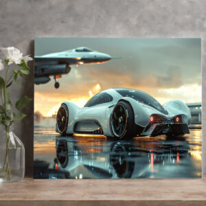 raxxa Canva: Weißes Zukunftsauto mit Jet im Hintergrund - Aerodynamik trifft Luxus