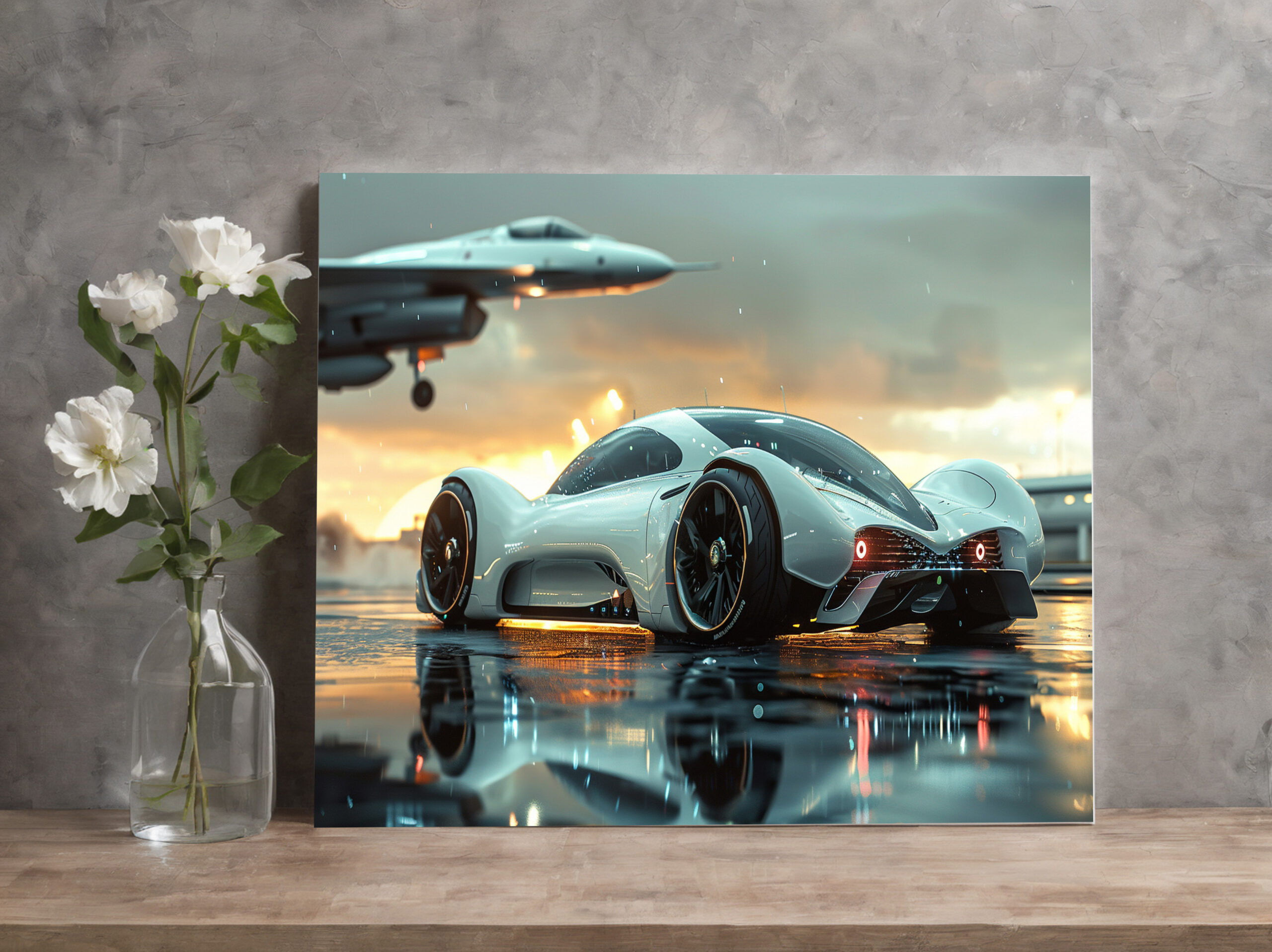raxxa Canva: Weißes Zukunftsauto mit Jet im Hintergrund - Aerodynamik trifft Luxus