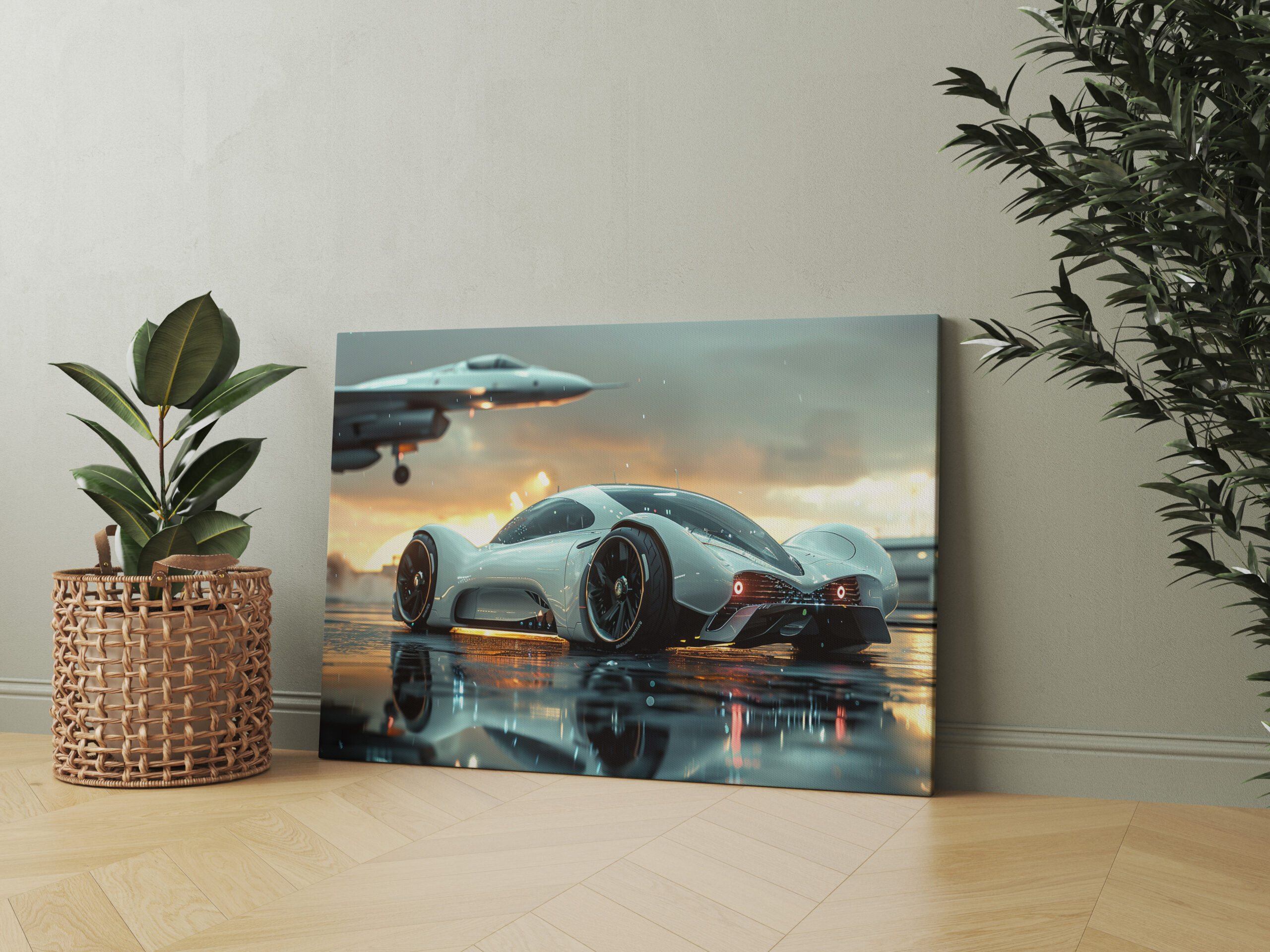 raxxa Canva: Weißes Zukunftsauto mit Jet im Hintergrund - Aerodynamik trifft Luxus - Image 2