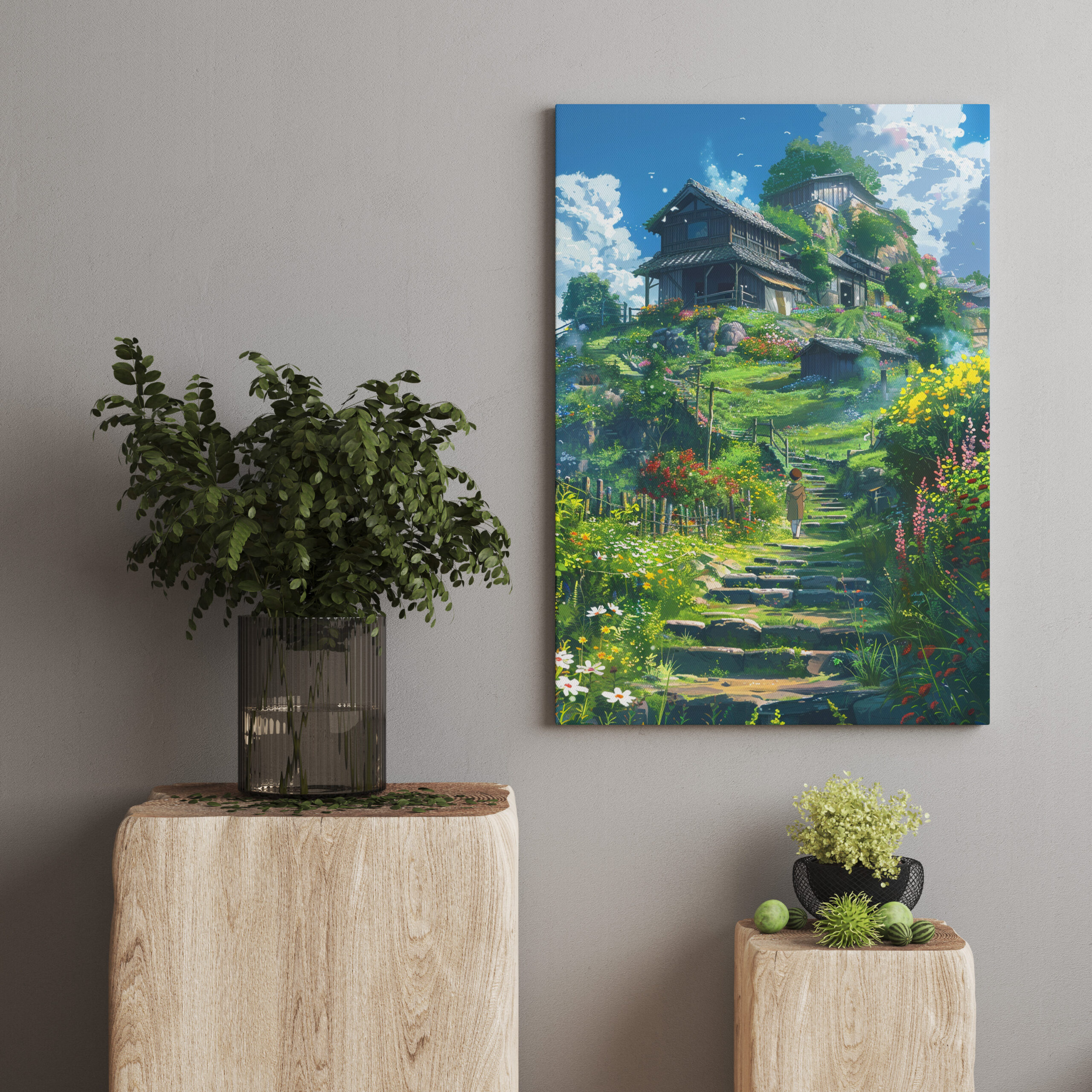 raxxa Canva: Pfad zum Hügeldorf - Anime Stil