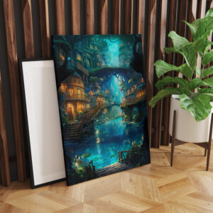 raxxa Canva: Leuchtende Wasserstadt im Verborgenen Wald - Anime Stil