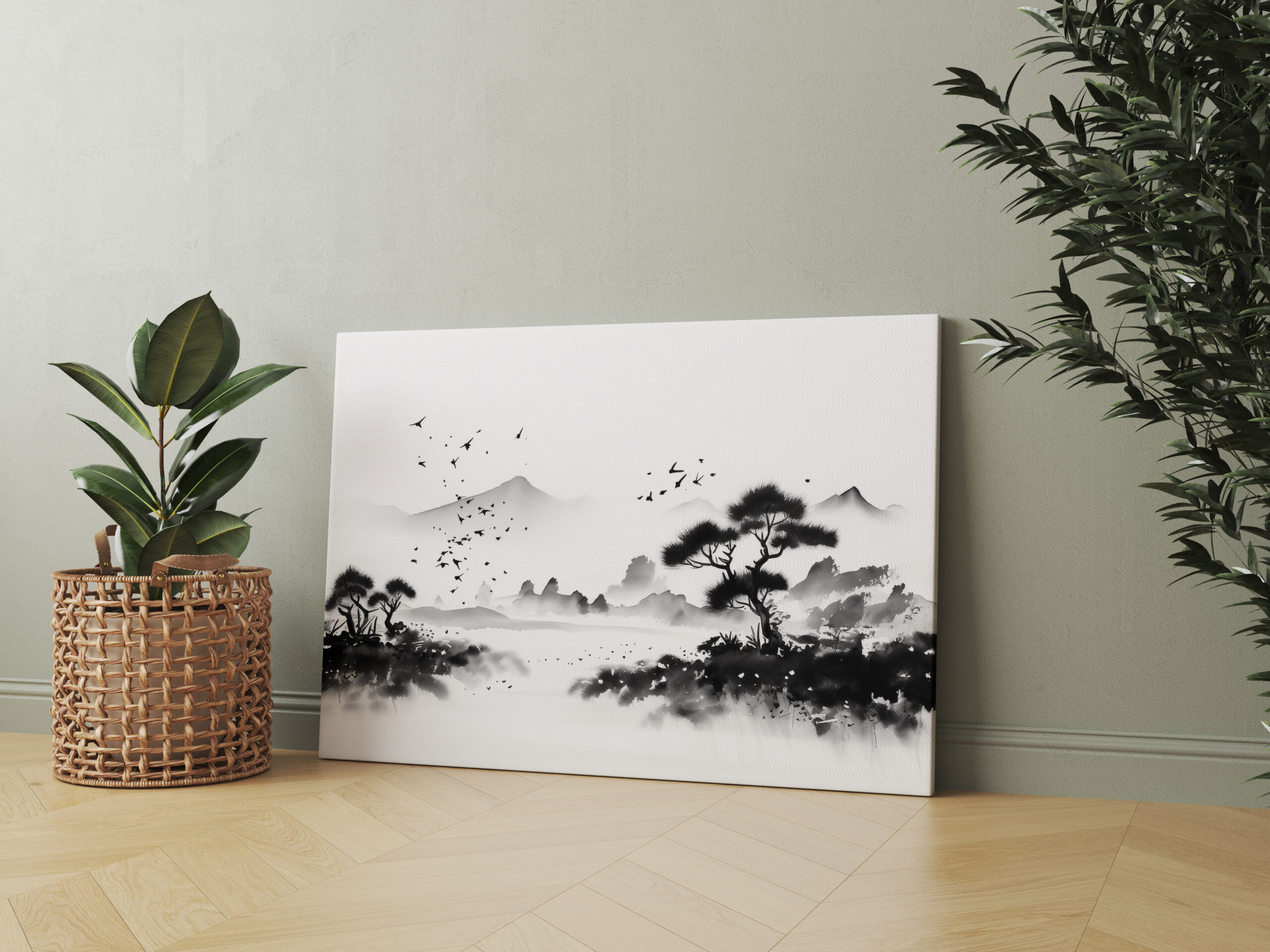 raxxa Canva: Landschaft mit Vögeln - japanische Tuschezeichnung
