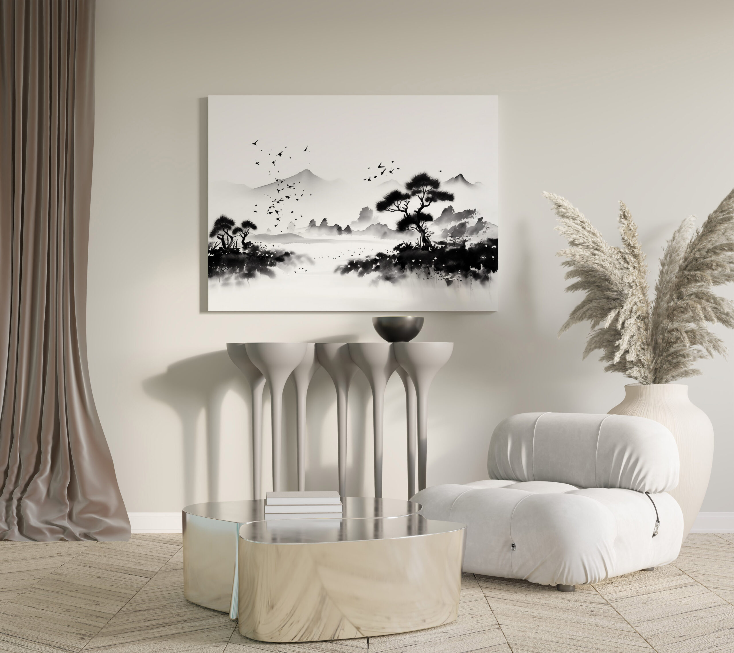 raxxa Canva: Landschaft mit Vögeln - japanische Tuschezeichnung – Bild 3