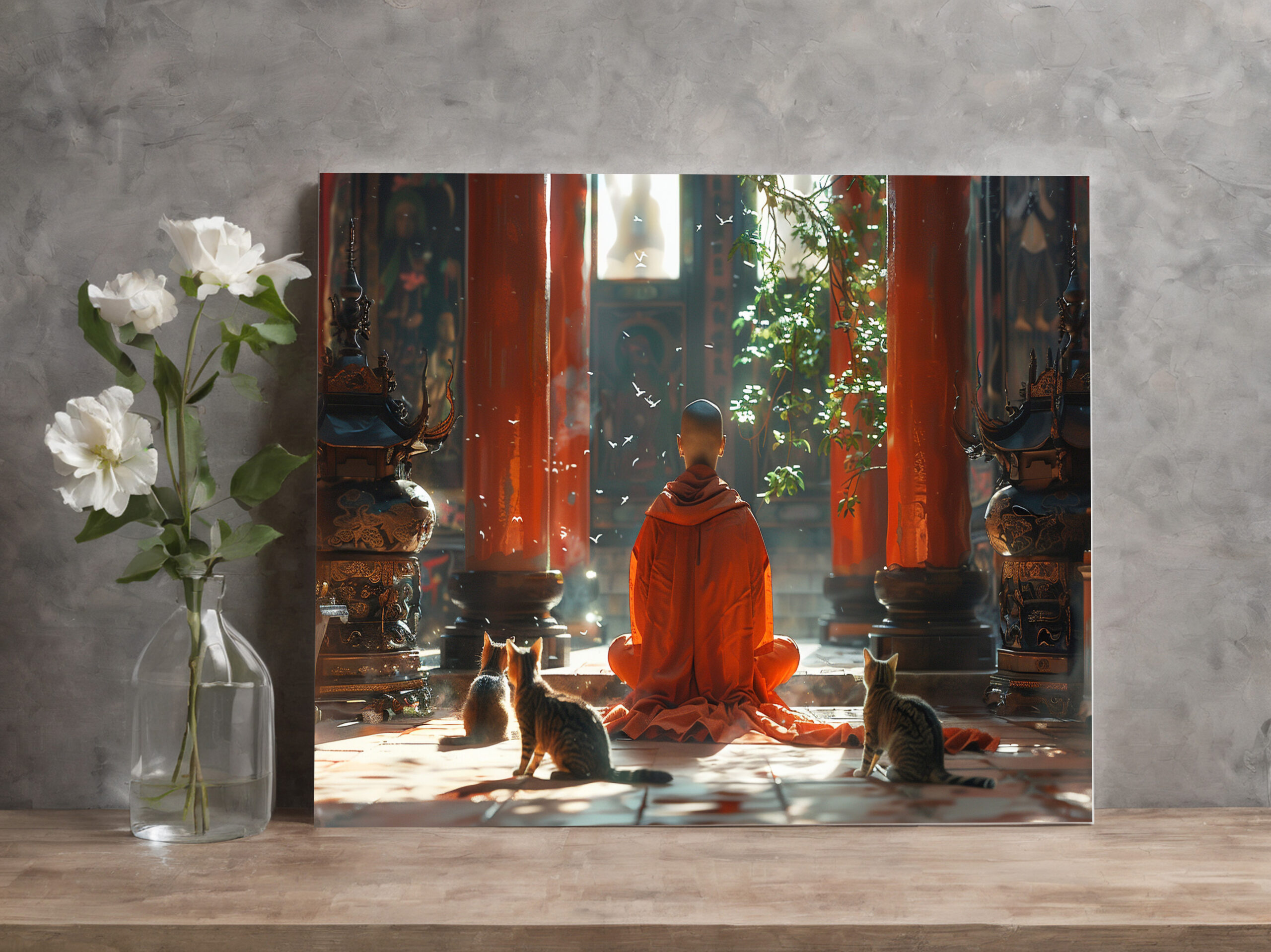 raxxa Canva: Buddhistischer Mönch in Meditation mit Katzen - Imagen 2