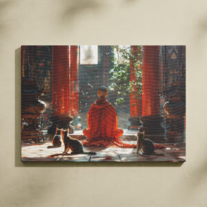 raxxa Canva: Buddhistischer Mönch in Meditation mit Katzen