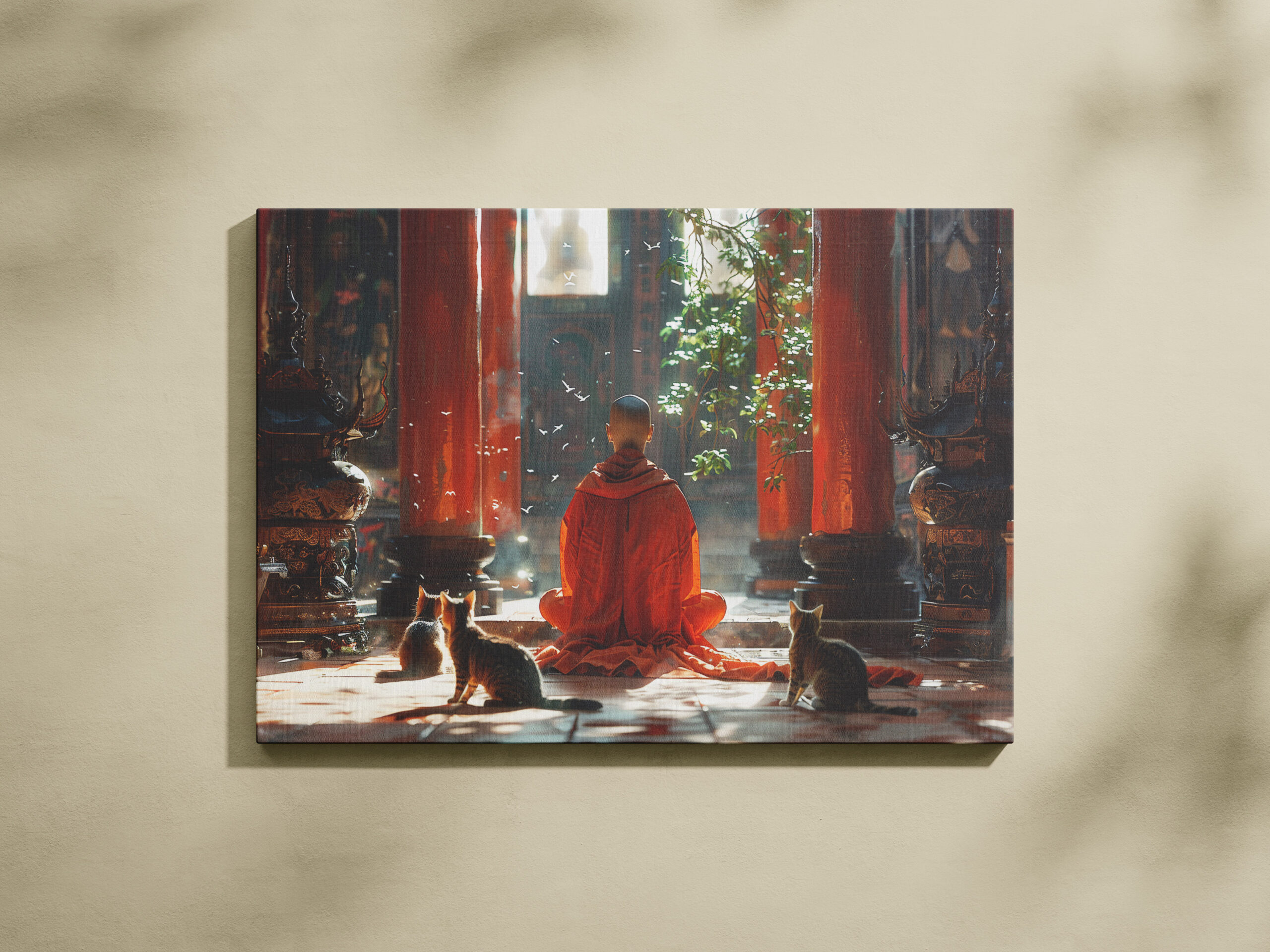 raxxa Canva: Buddhistischer Mönch in Meditation mit Katzen