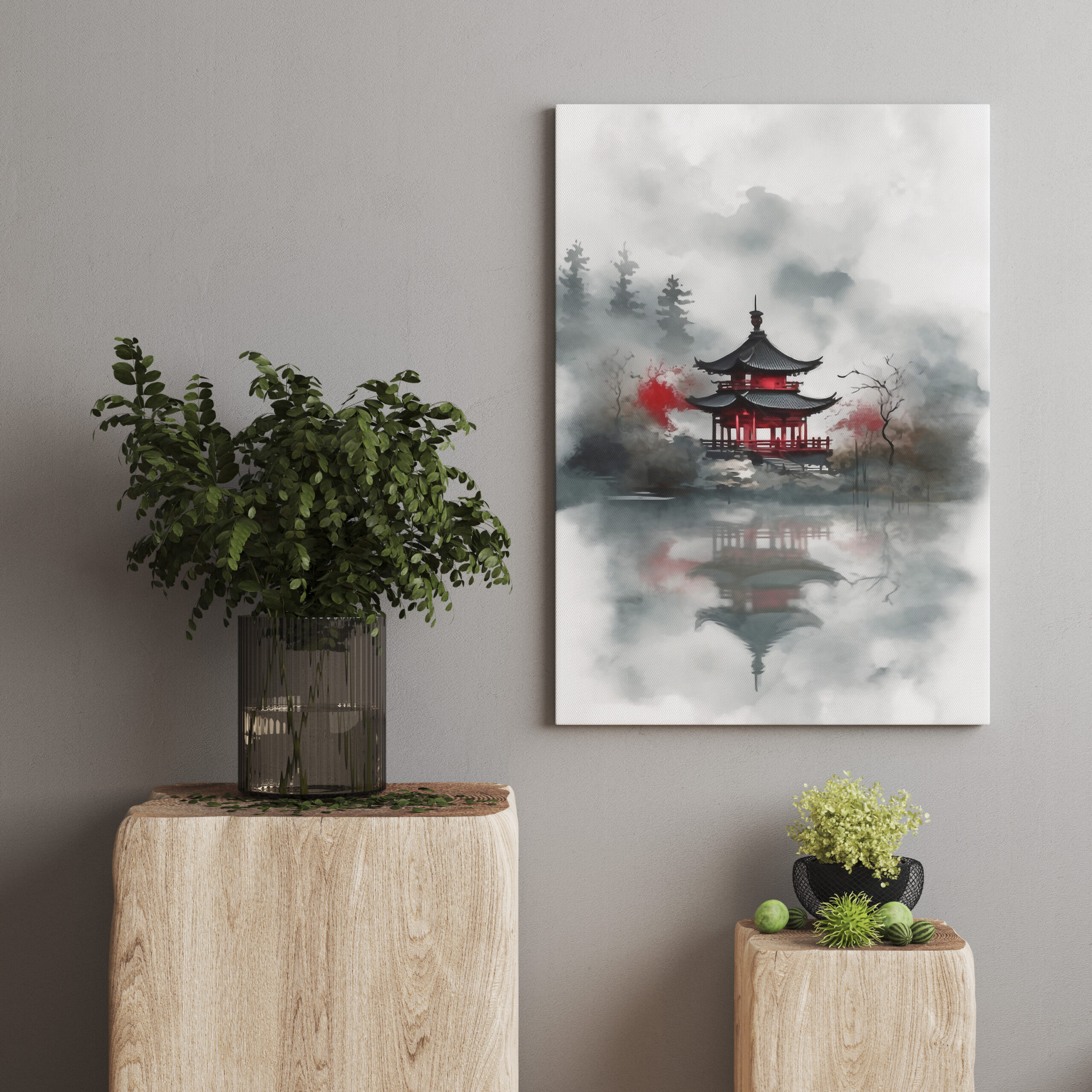 raxxa Canva: Roter Tempel im Nebel - japanische Tuschezeichnung
