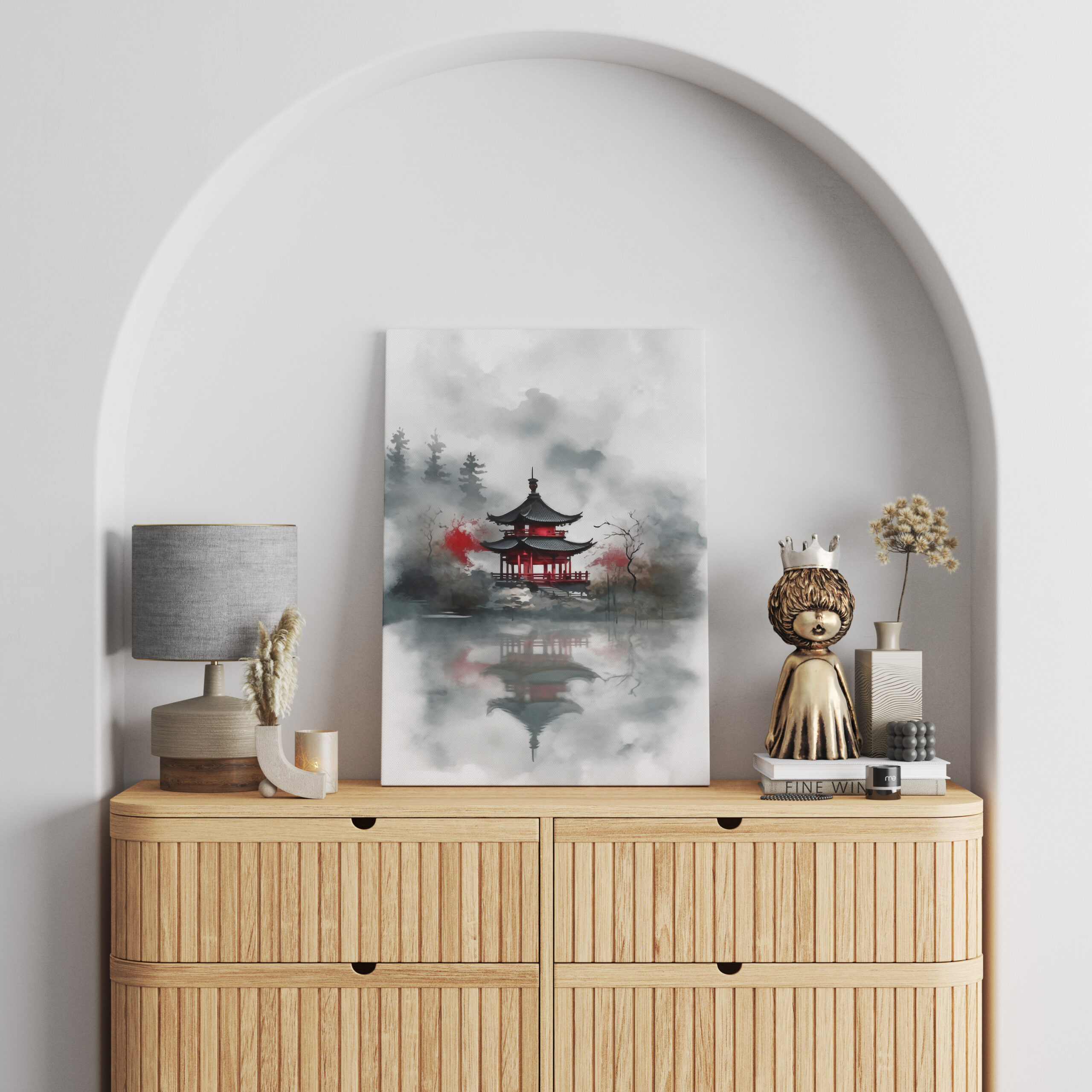 raxxa Canva: Roter Tempel im Nebel - japanische Tuschezeichnung - immagine 2