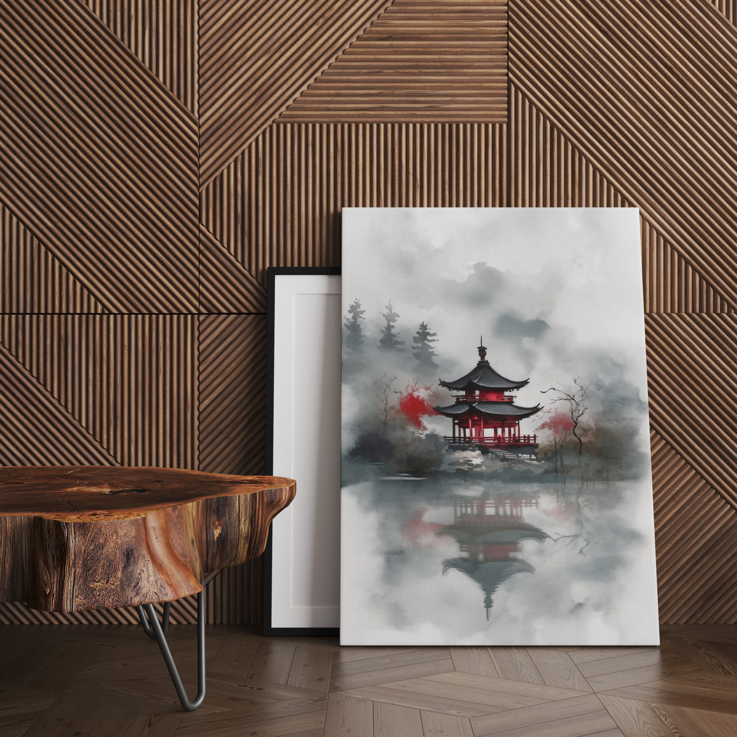 raxxa Canva: Roter Tempel im Nebel - japanische Tuschezeichnung - immagine 3