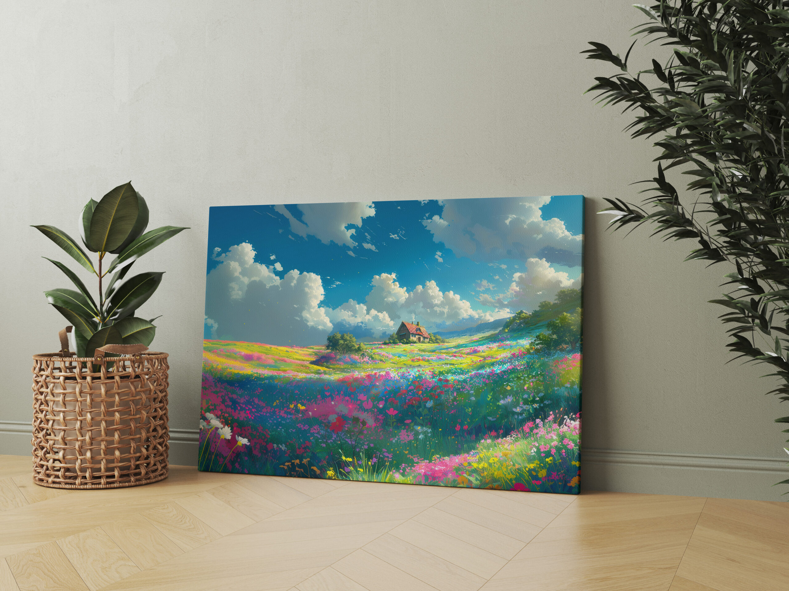 raxxa Canva: Weites Blumental mit Wolken - Anime Stil