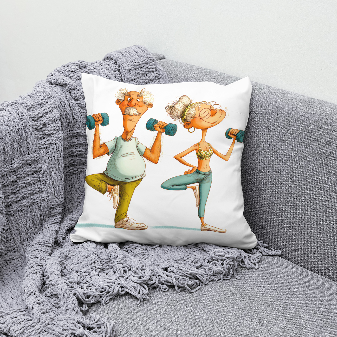 Kissen: Funny Elderly Man Doing Yoga Illustration