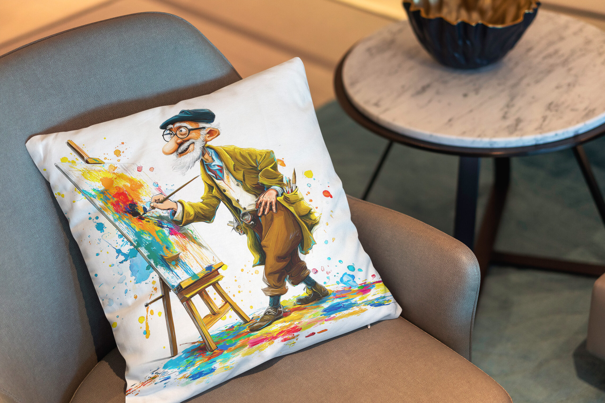 Kissen: Humorous Elderly Man Reading Illustration - Image 2