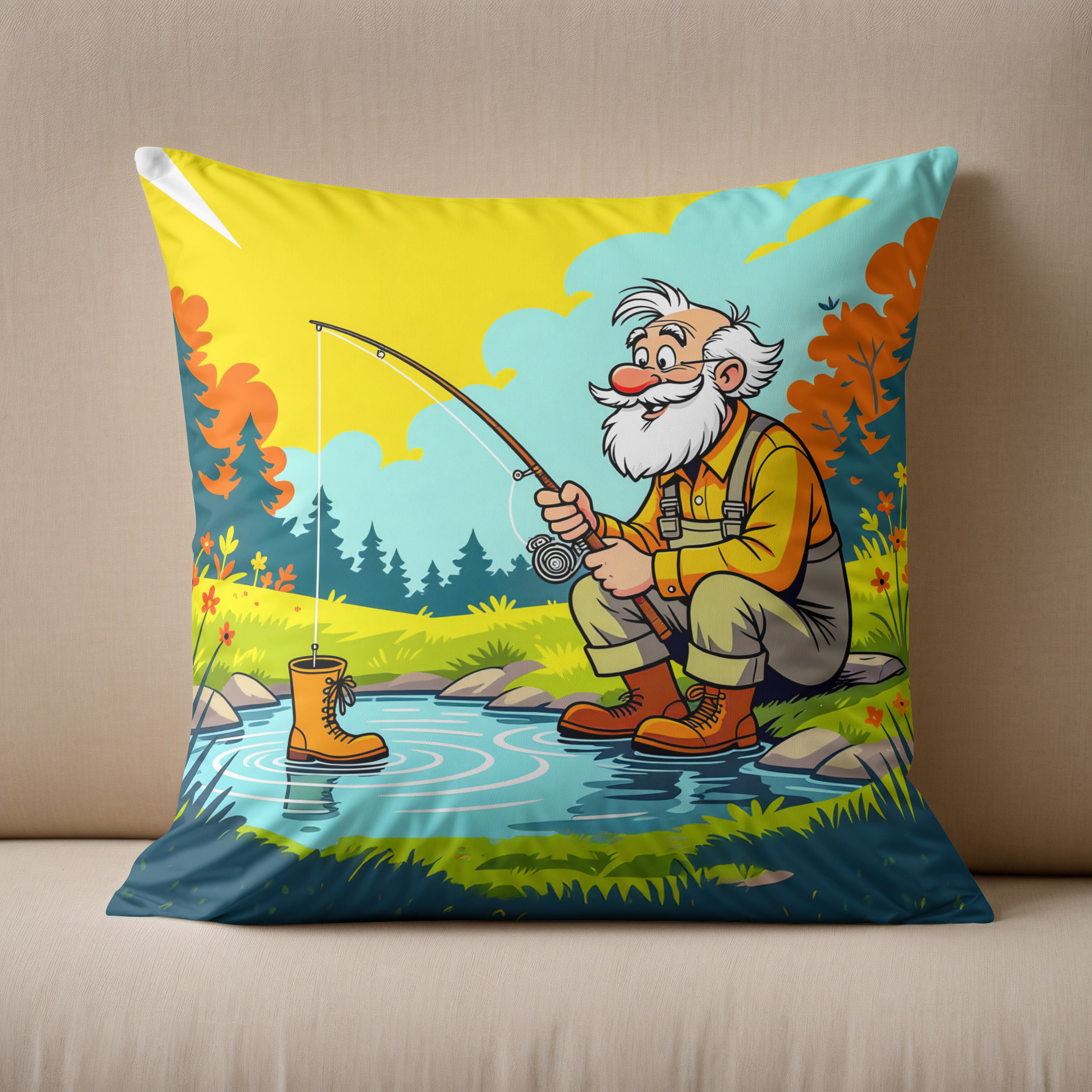 Kissen: Grandpa catching a shoe while fishing